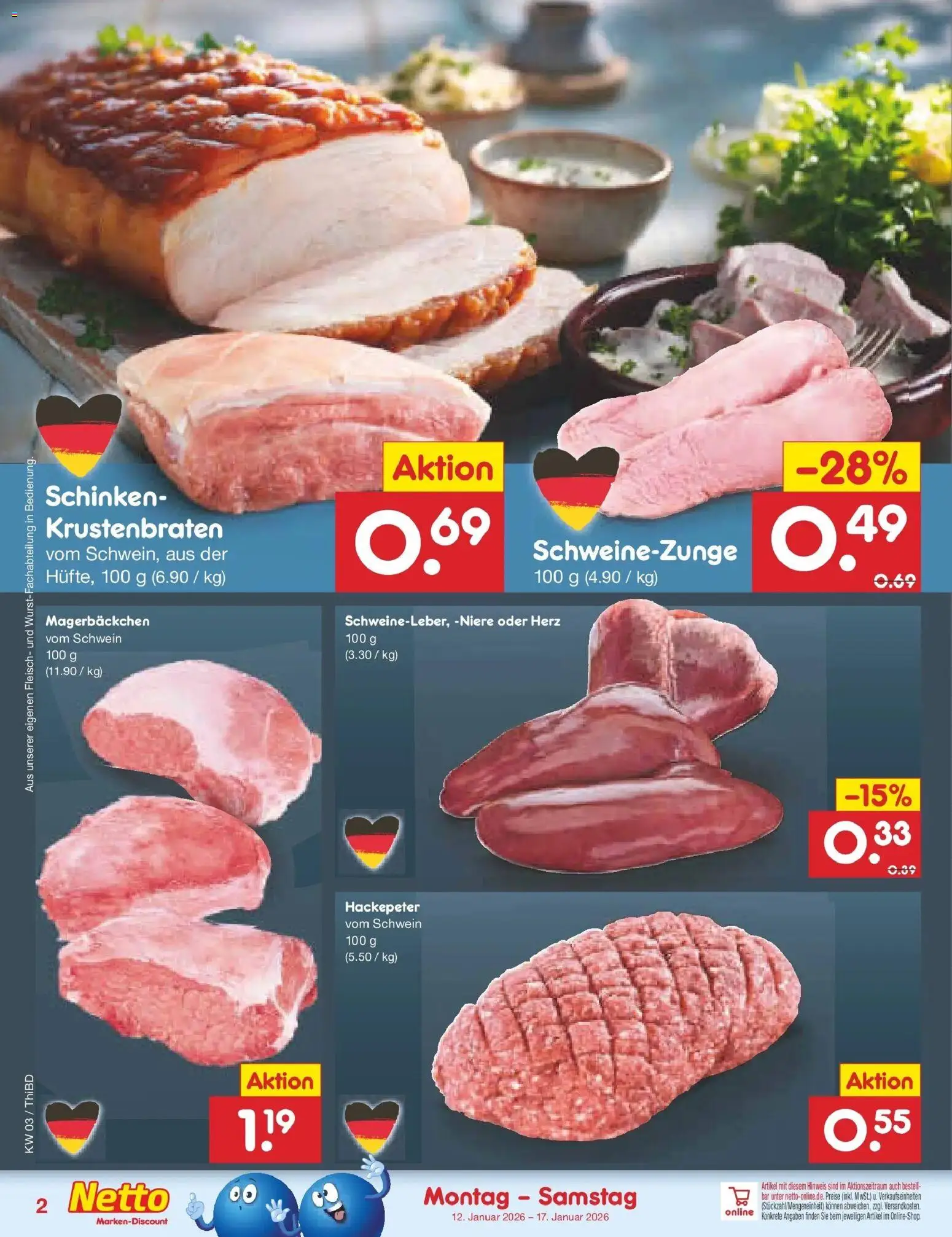 Netto Marken-Discount prospekt Thiendorf	 – gültig ab 12.01.2026 | Seite: 12 | Produkte: Krustenbraten, Schinken, Fleisch
