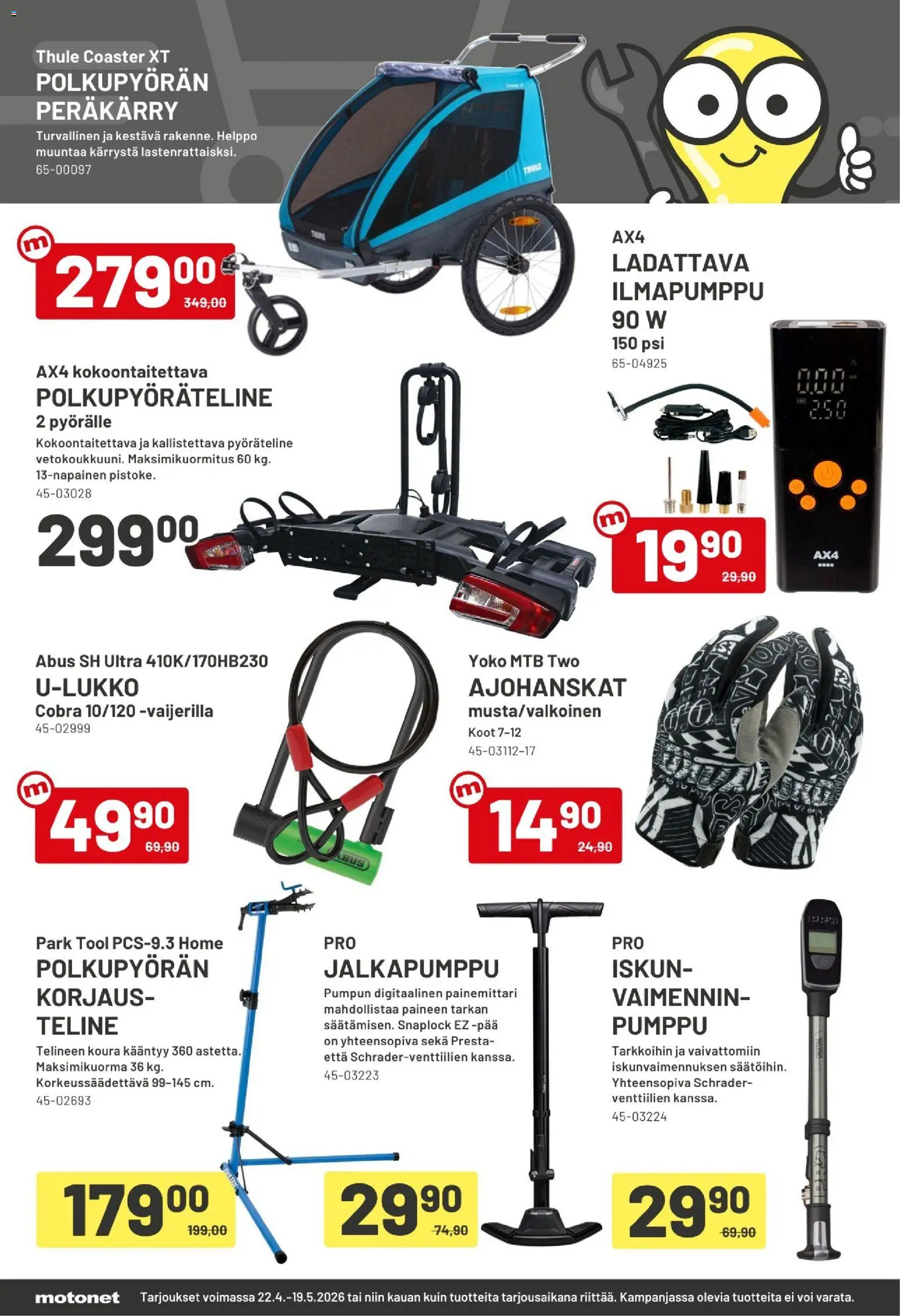 Motonet tarjoukset – voimassa 22.04.2026 alkaen | Sivu: 10 | Tuotteet: Painemittari, Voi, Polkupyöräteline, Pumppu