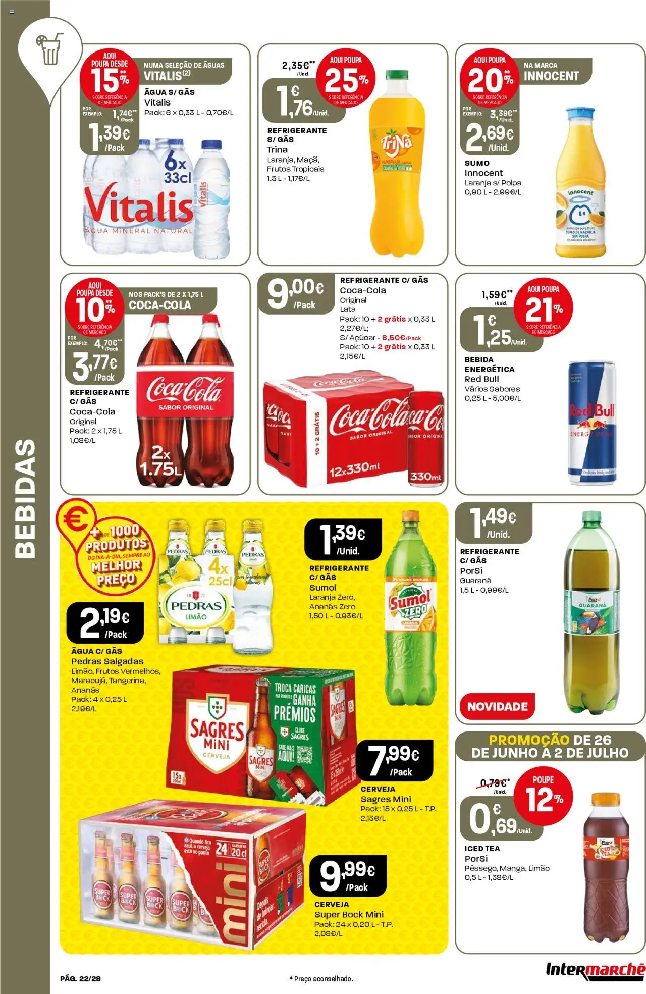 Intermarché folheto │ válido de 26.06.2025 | Página: 22 | Produtos: Super bock, Açúcar, Água mineral, Bebida