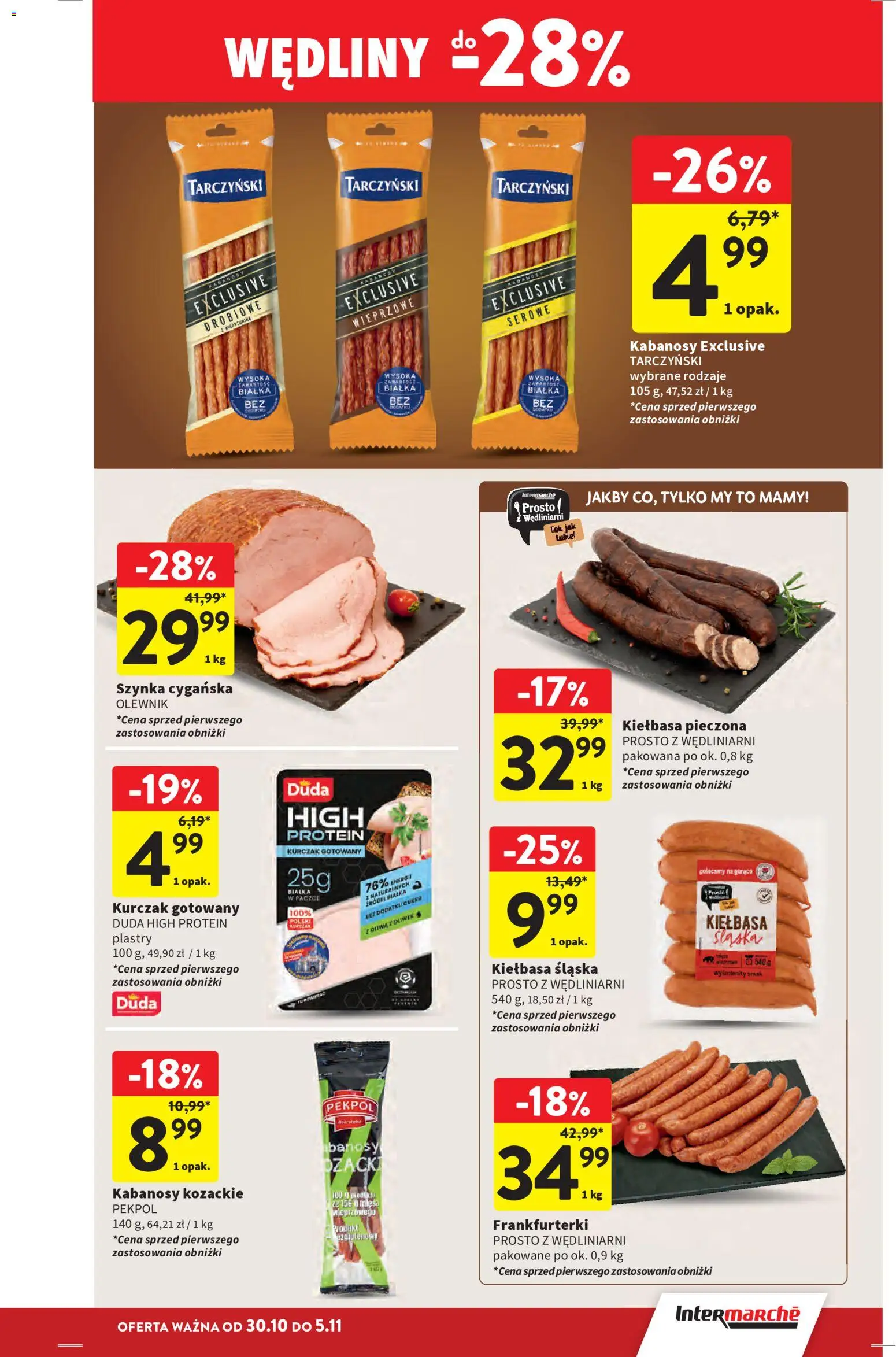 Intermarche Gazetka od 30.10.2025 | Strona: 19 | Produkty: Frankfurterki, Szynka, Kiełbasa śląska, Wędliny