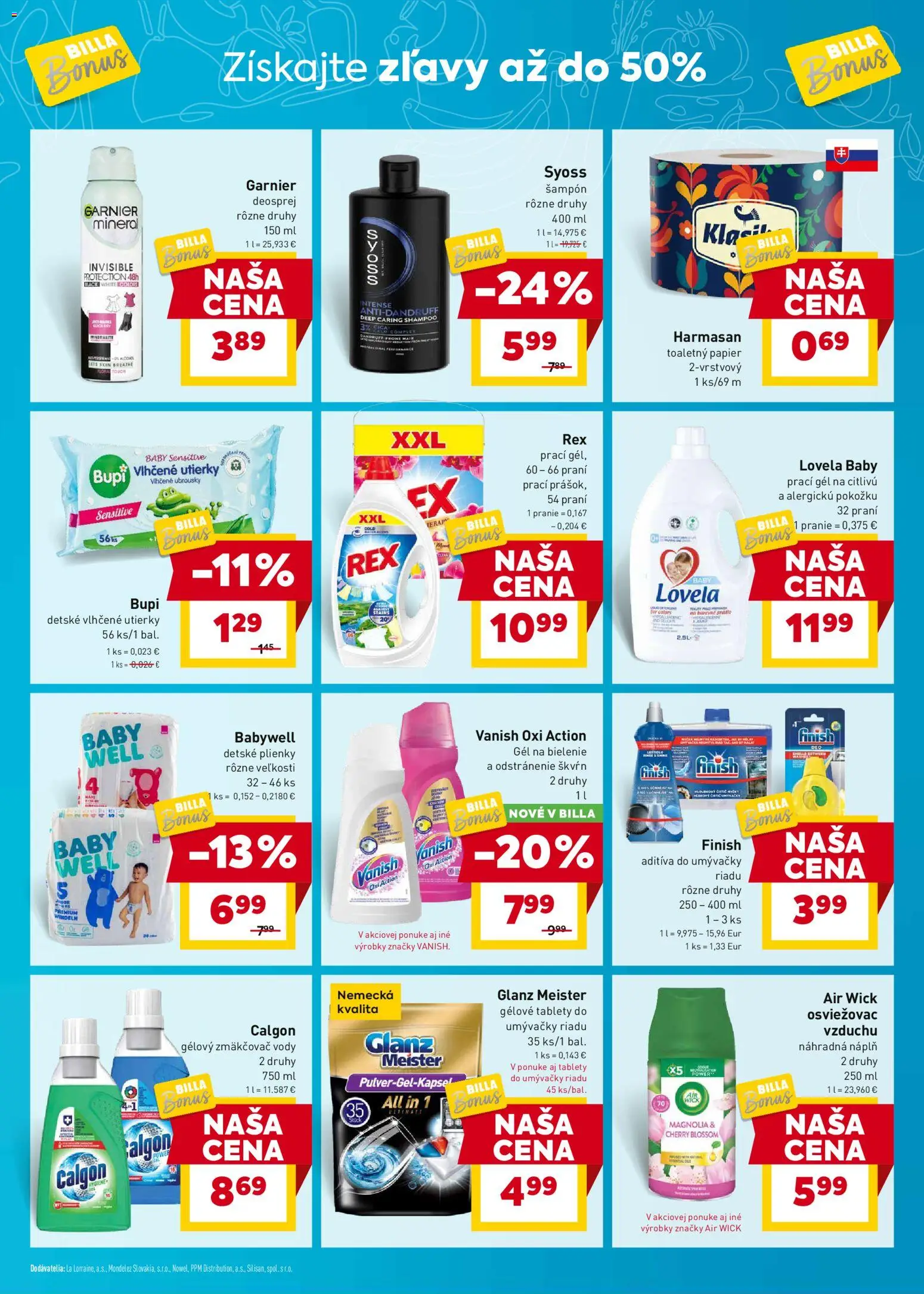 Nové Billa akcie – leták je platný od 07.04.2026 | Strana: 9 | Produkty: Lovela, Vanish, Šampón, Flora