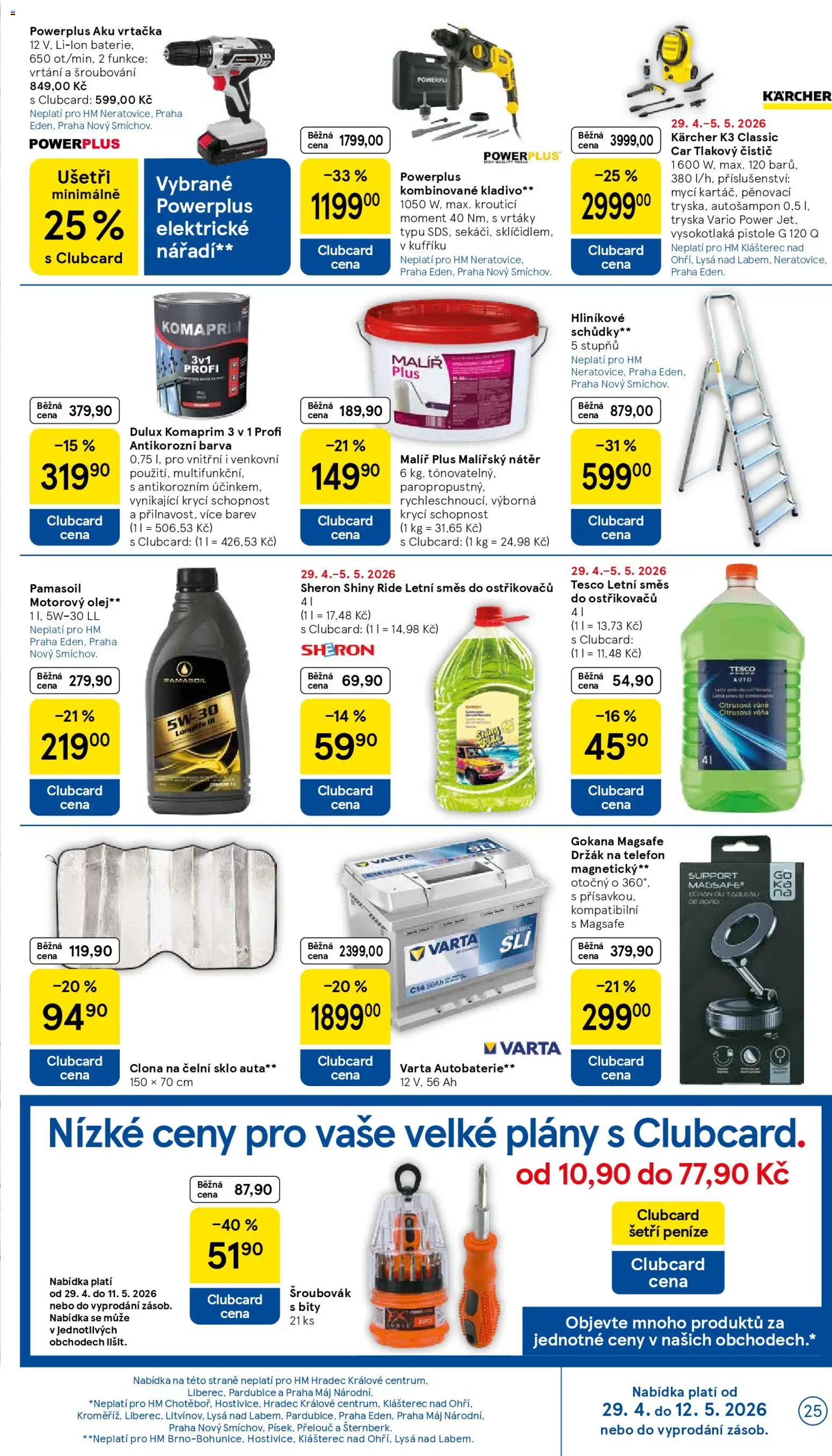 Tesco leták - Hypermarket od 29.04.2026 | Strana: 25 | Produkty: Hliníkové schůdky, Tlakový čistič, Clona na čelní sklo, Motorový olej