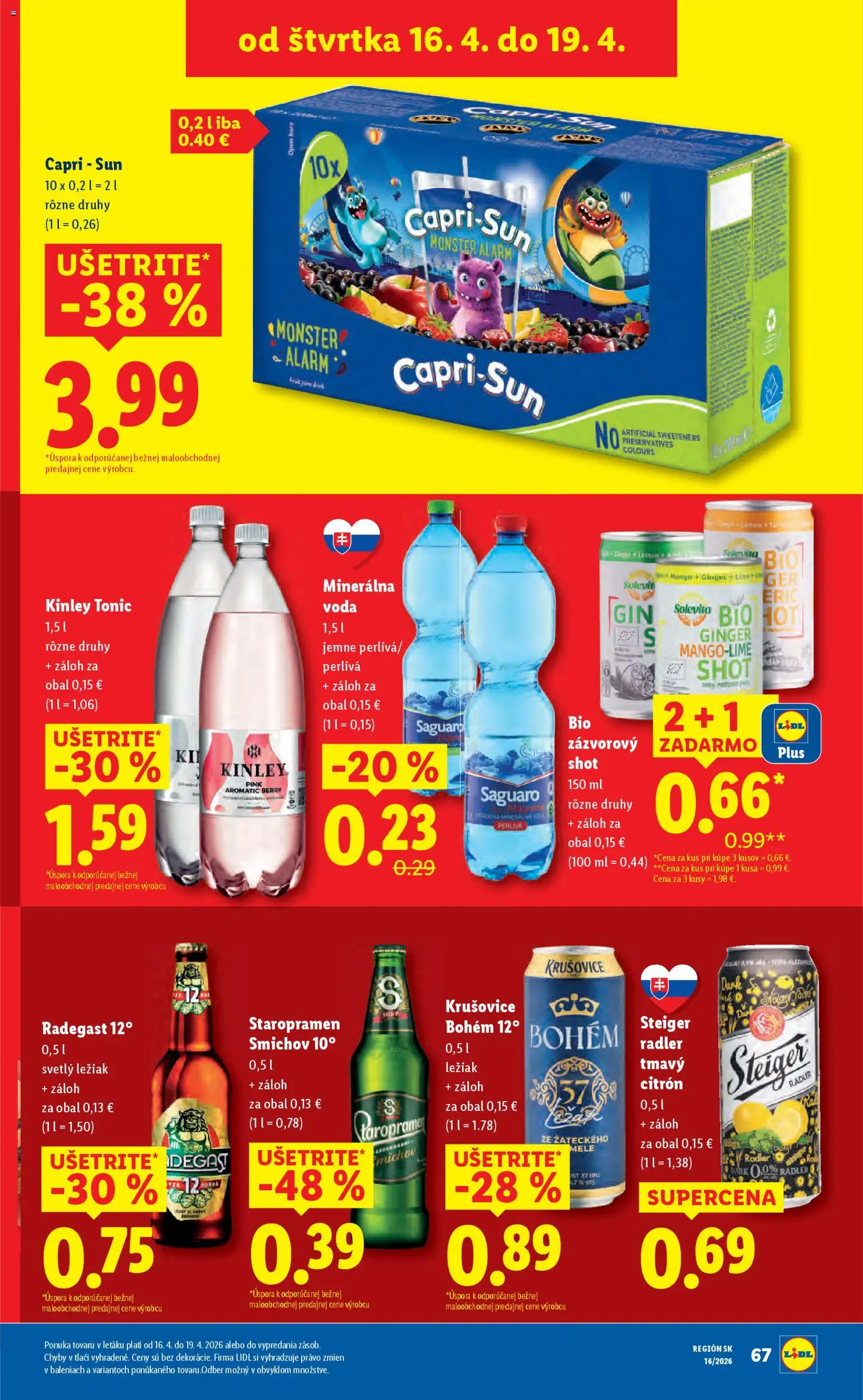 Nové Lidl akcie – leták je platný od 13.04.2026 | Strana: 65 | Produkty: Radler, Staropramen, Minerálna voda, Mango