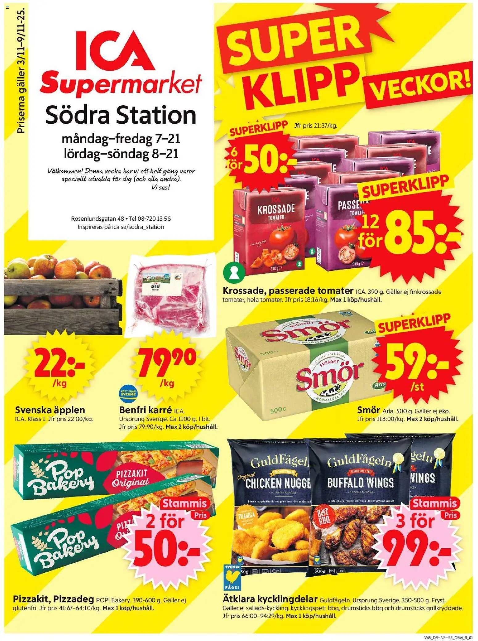 ICA Supermarket reklamblad aktuell från 03.11.2025 | Sida: 1 | Produkter: Pizza, Äpplen, Tomater, Pizzakit