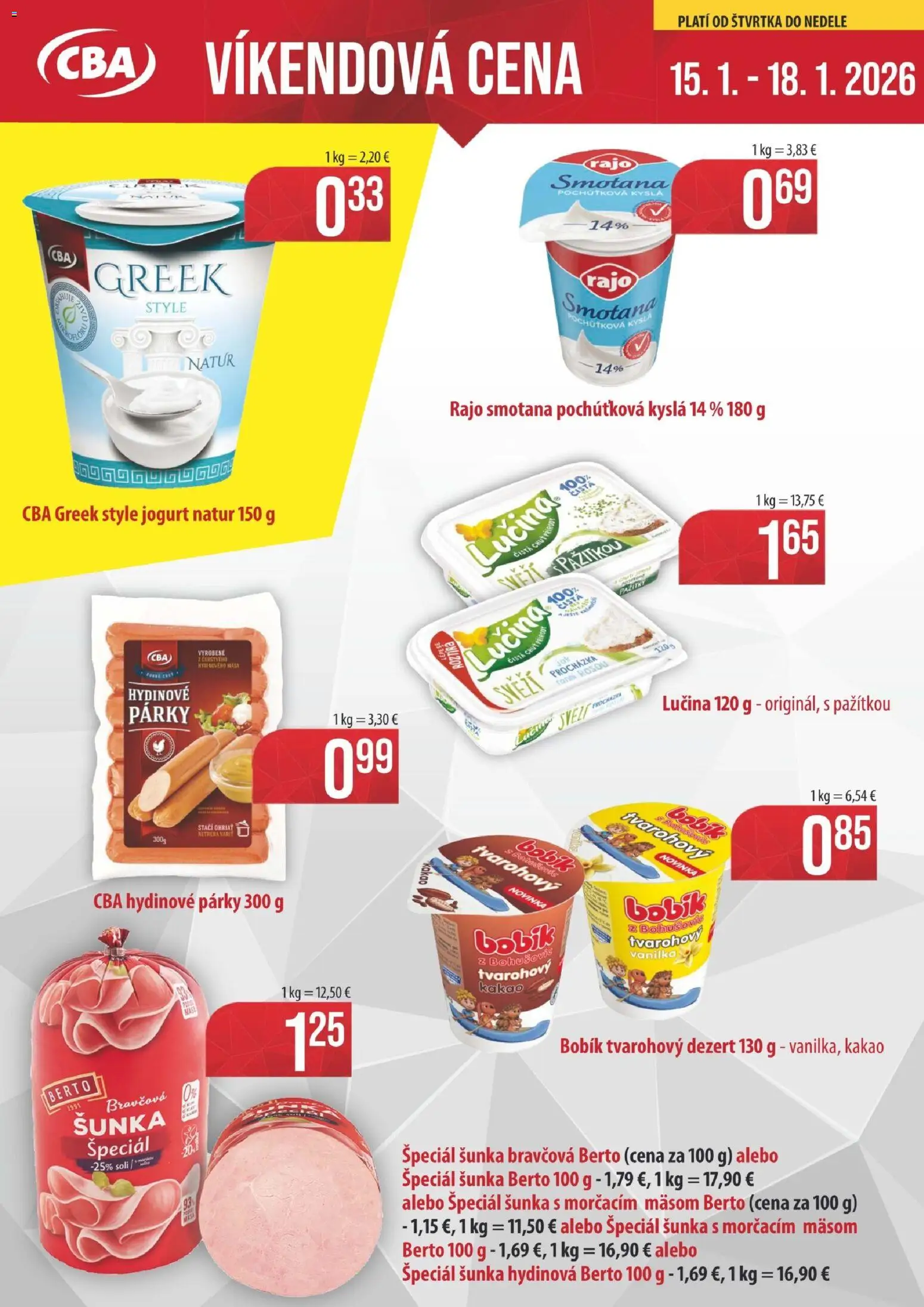 Nové KARMEN CBA akcie – leták je platný od 15.01.2026 | Strana: 1 | Produkty: Šunka, Smotana, Párky, Kakao