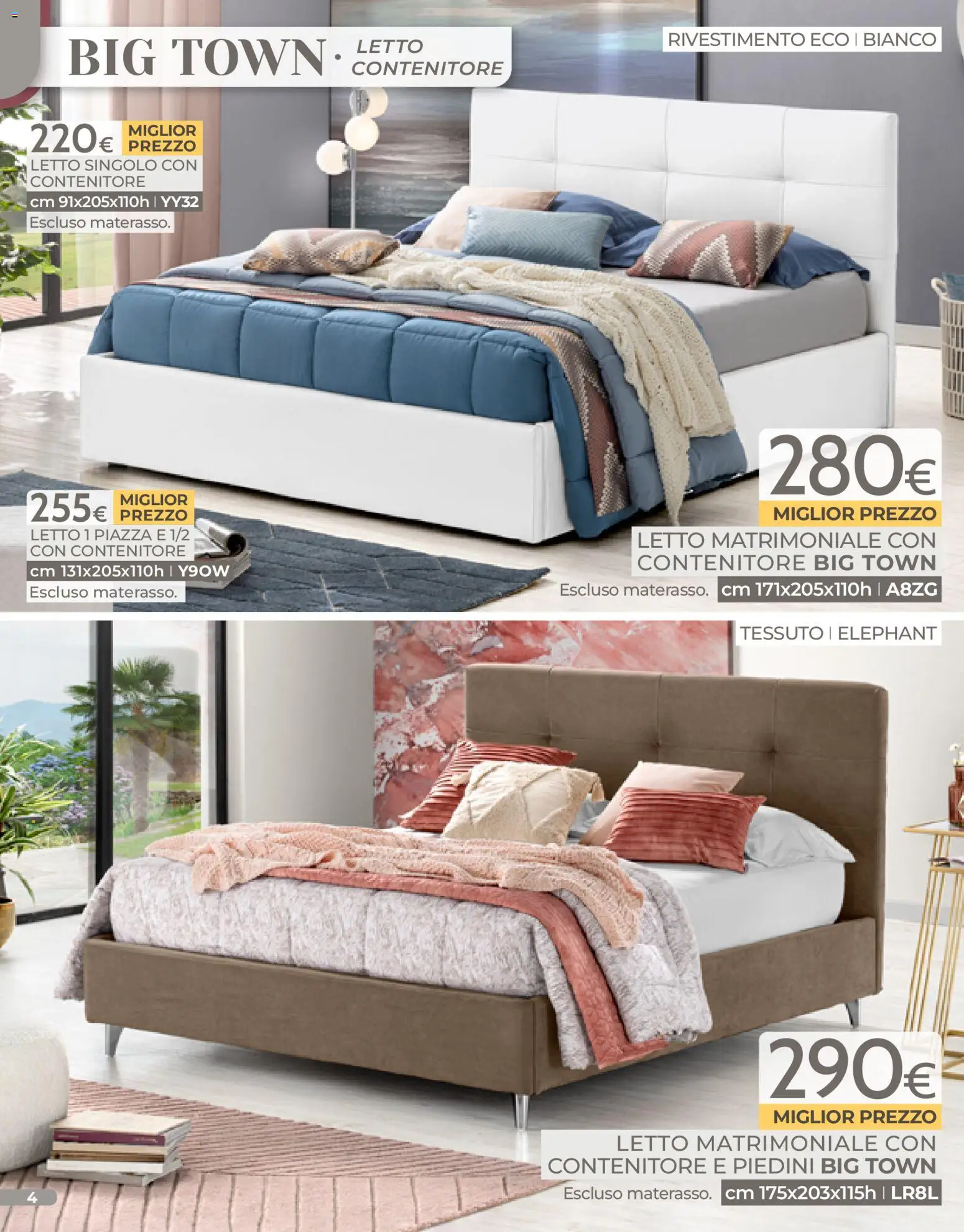 Volantino Mondo Convenienza del 04.01.2026 | Pagina: 4 | Prodotti: Letto matrimoniale, Contenitore, Letto, Materasso