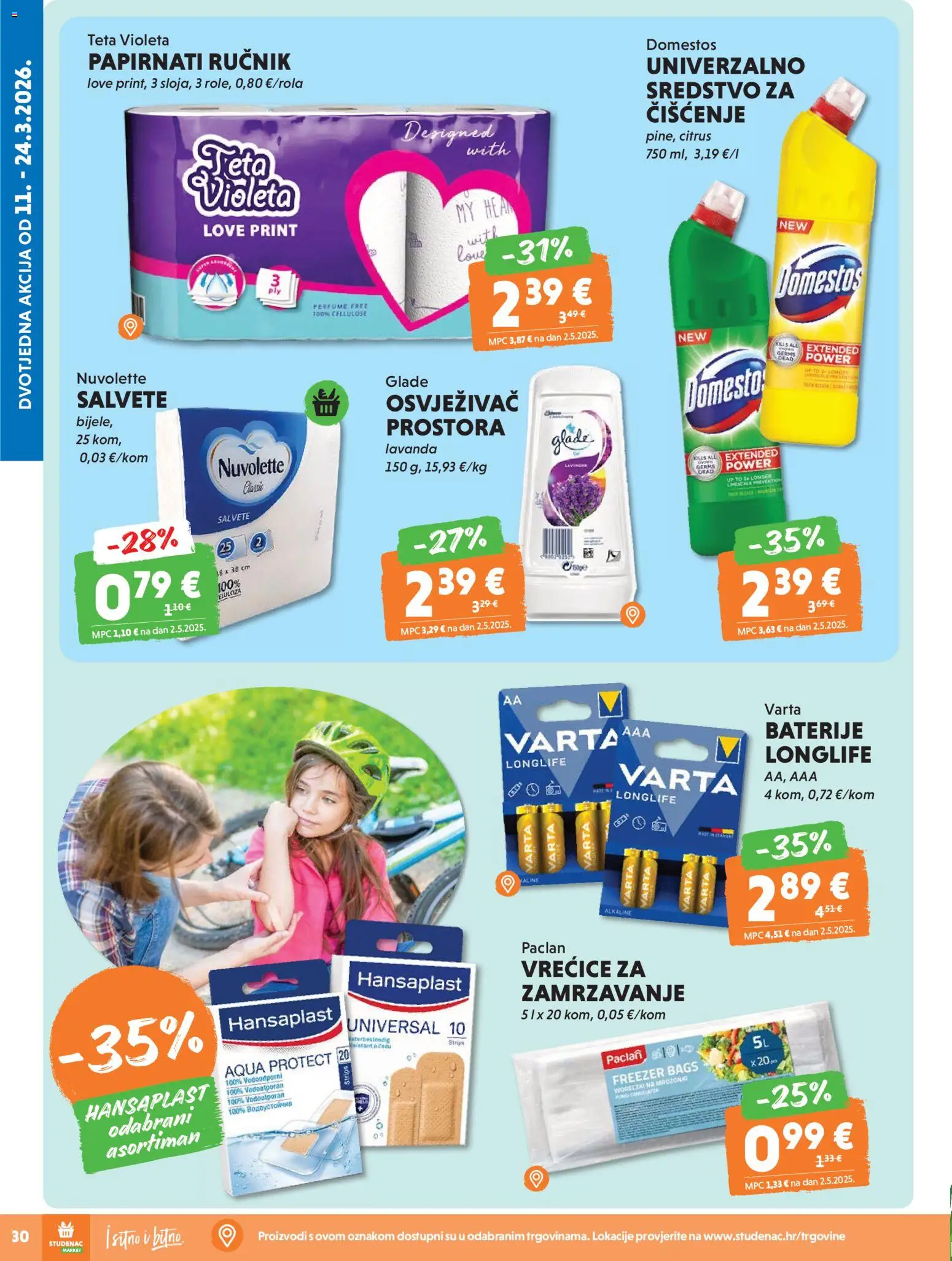 Studenac katalog | vrijedi od 18.03.2026 | Stranica: 30 | Proizvodi: Salvete, Ručnik, Vrećice za zamrzavanje, Baterije