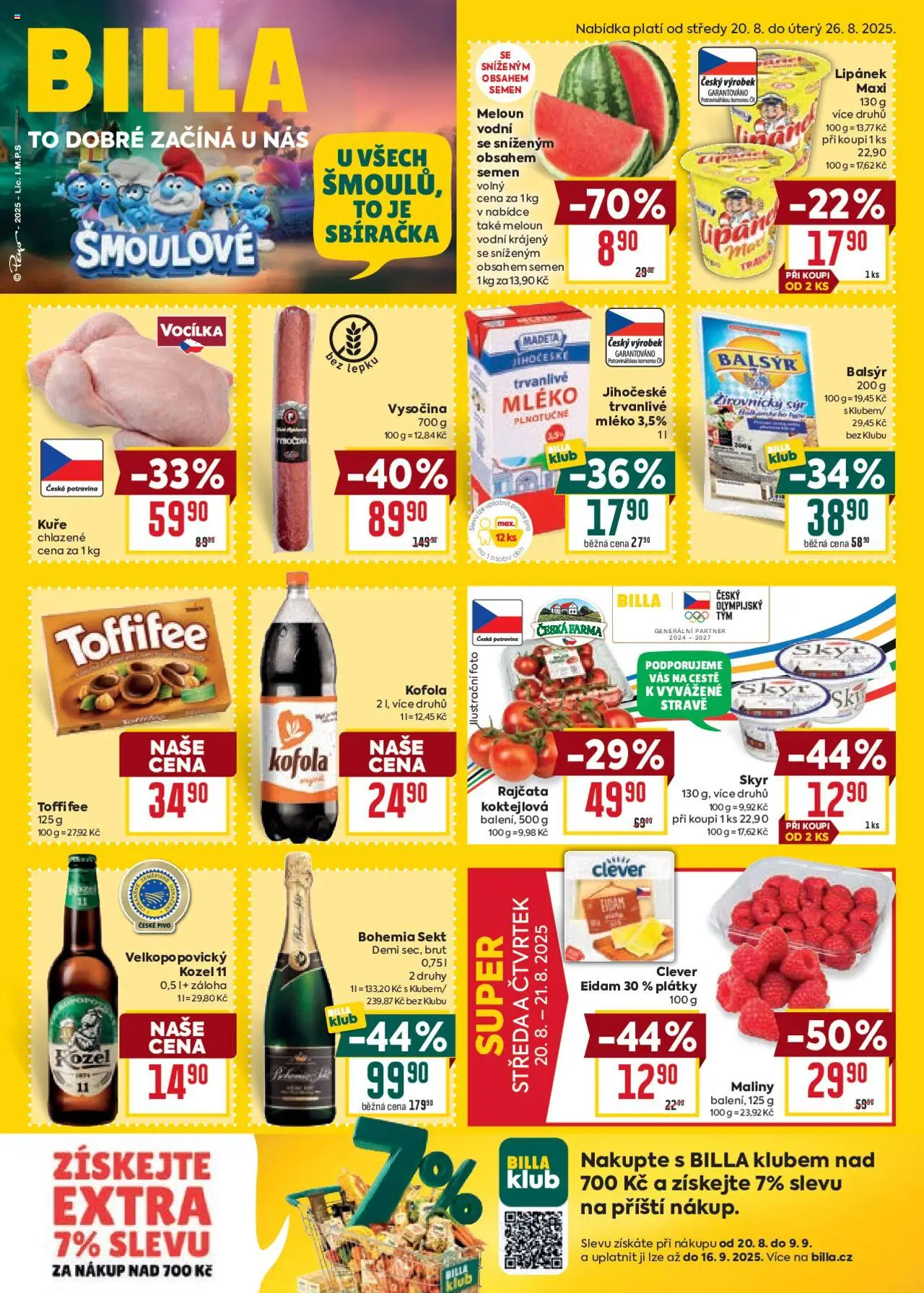 Billa Malý leták od 20.08.2025 | Strana: 1 | Produkty: Sekt, Eidam, Maliny, Clever
