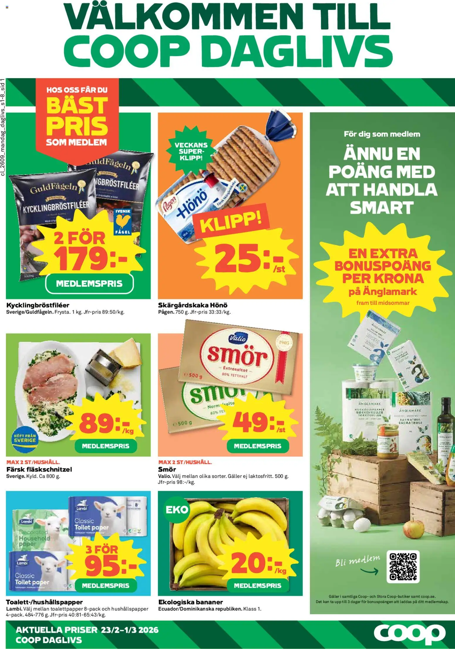 Coop Daglivs reklamblad aktuell från 23.02.2026 | Sida: 1 | Produkter: Toalettpapper, Hushållspapper, Galler, Smör