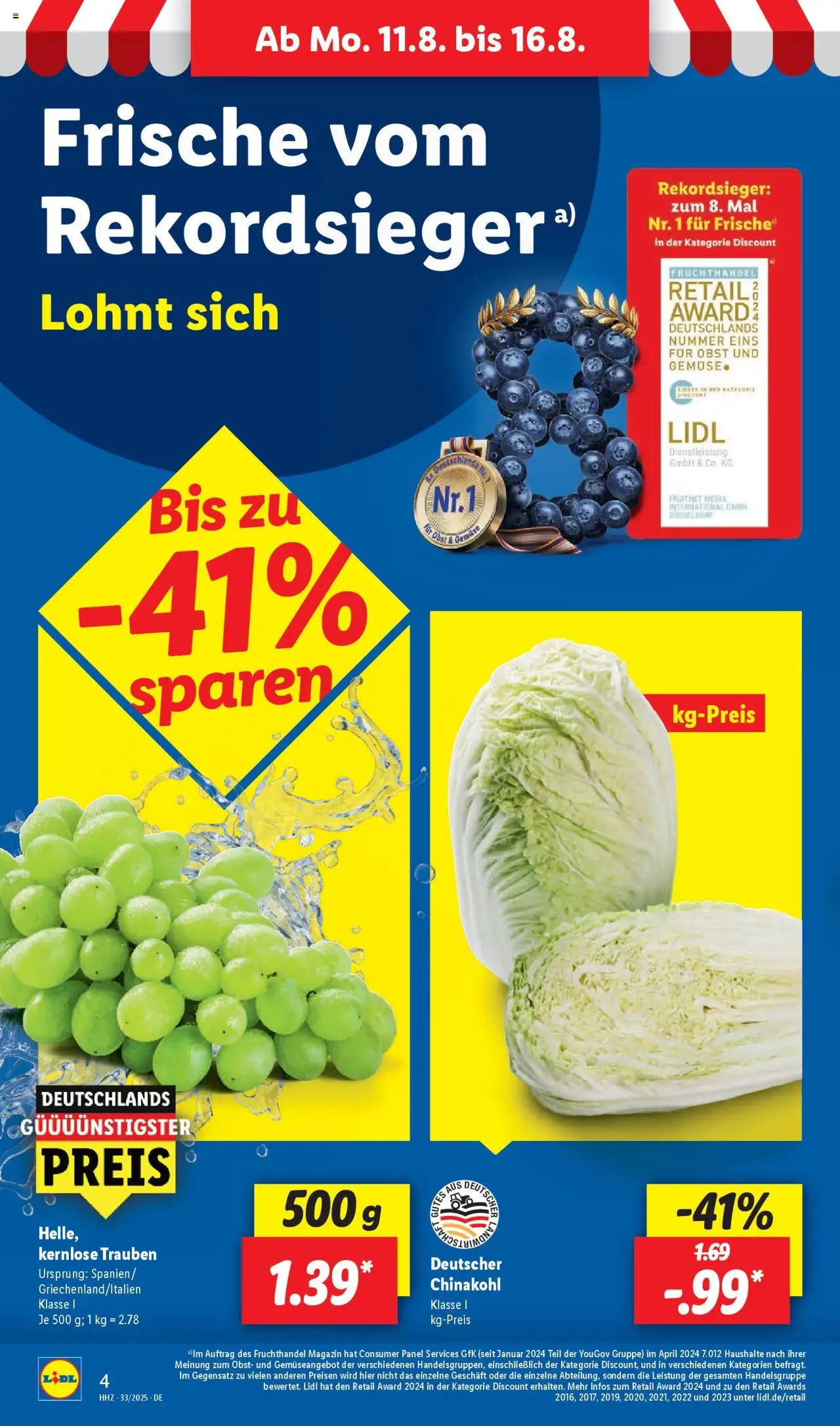 Lidl Prospekt Hilders	 - gültig ab dem 11.08.2025 | Seite: 4 | Produkte: Trauben, Gemüse, Obst, Chinakohl