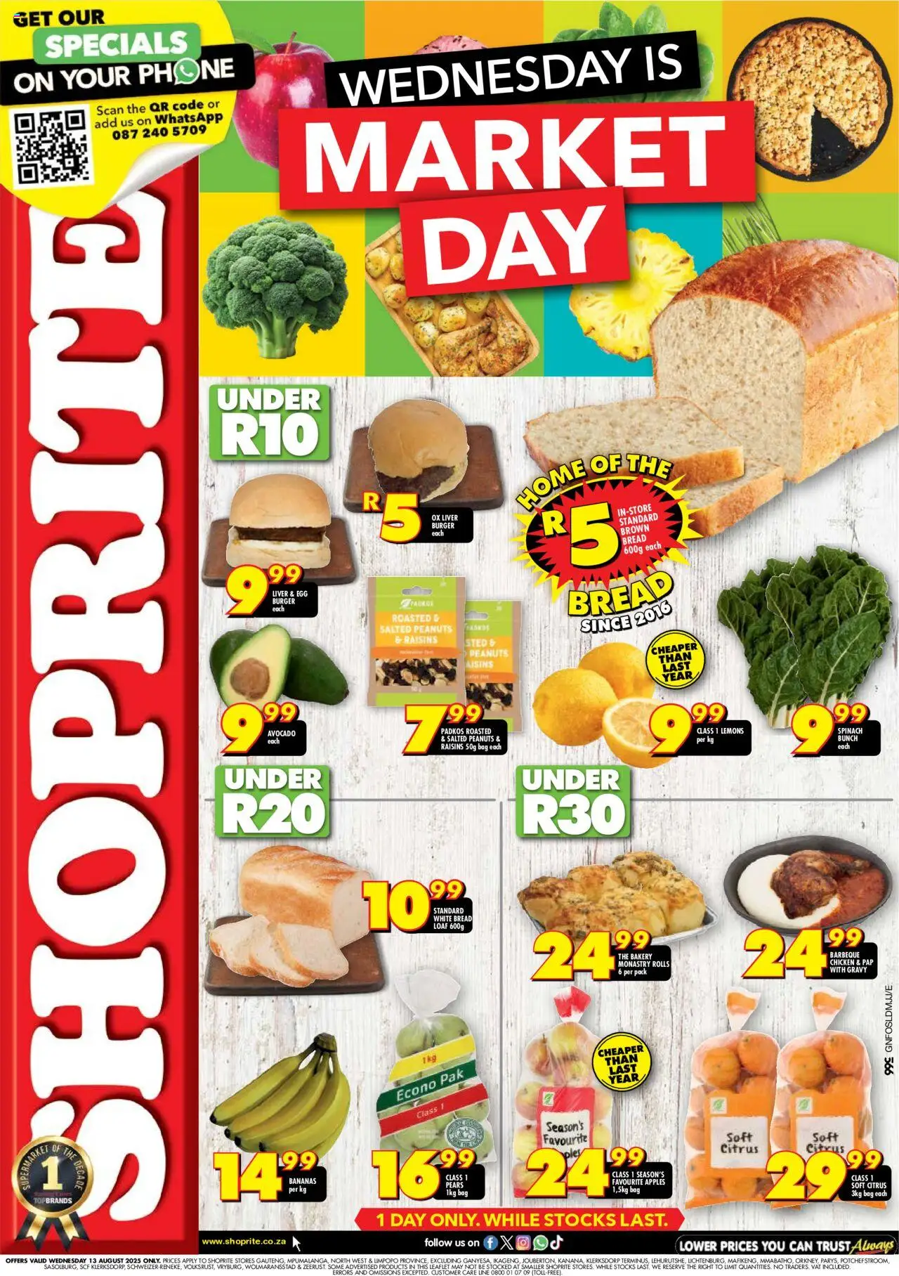 Shoprite Gauteng - Market Day Deals │ valid from 13.08.2025 | Page: 1 | Products: Bakery, Bread, Chicken, Raisins
