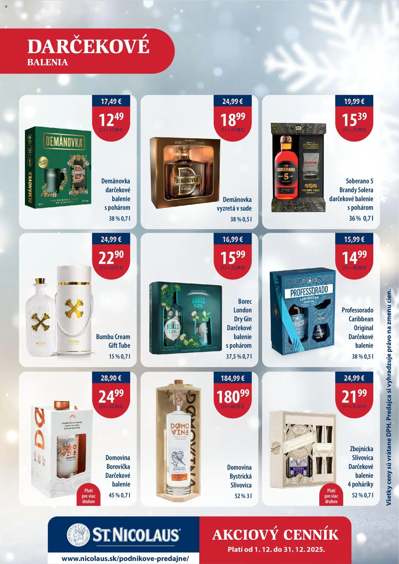 Nové St. Nicolaus akcie – leták je platný od 01.12.2025 | Strana: 3 | Produkty: Soberano, Slivovica, Gin, Brandy