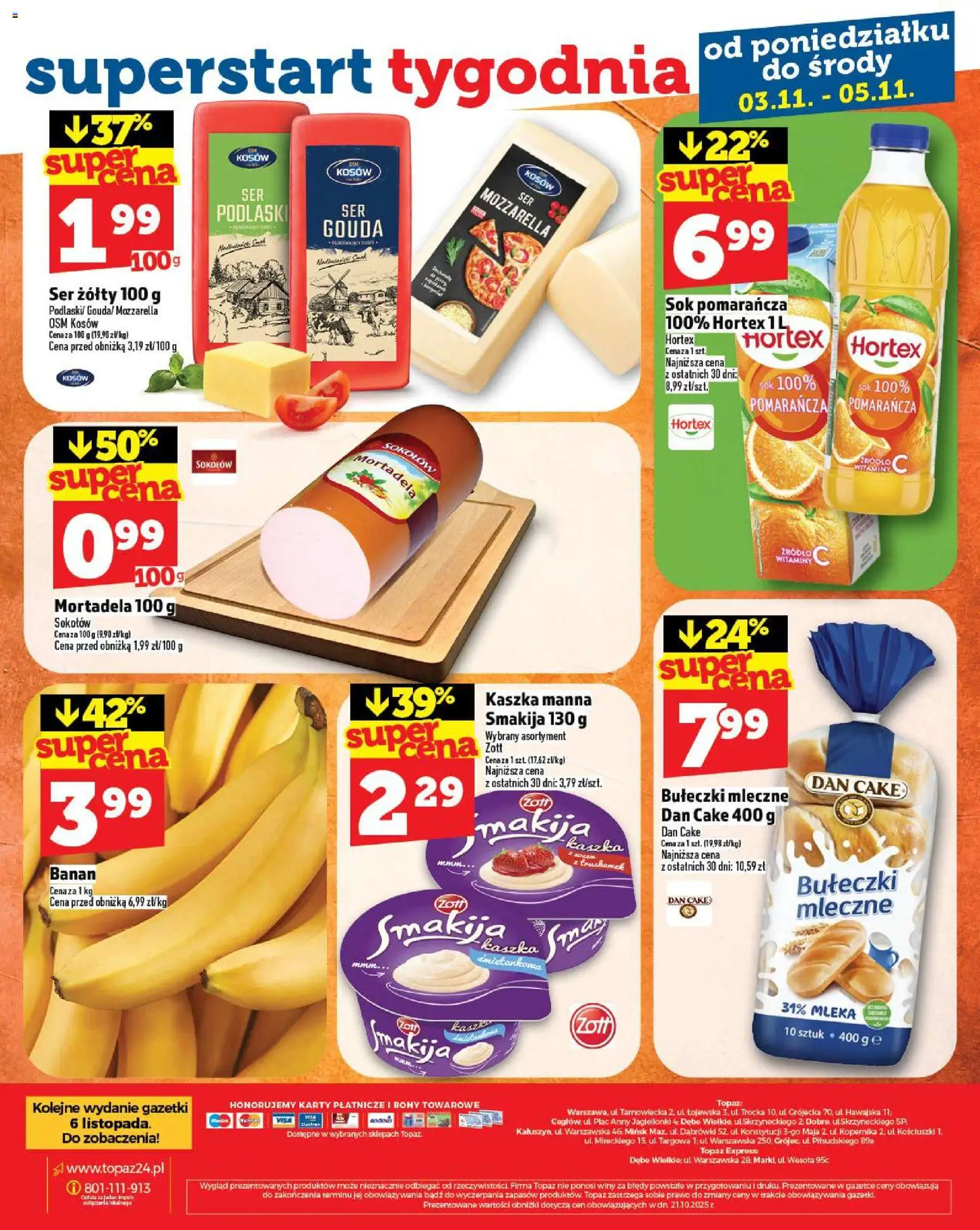Topaz Gazetka MAZ od 30.10.2025 | Strona: 28 | Produkty: Ser żółty, Mleka, Kaszka manna, Mozzarella