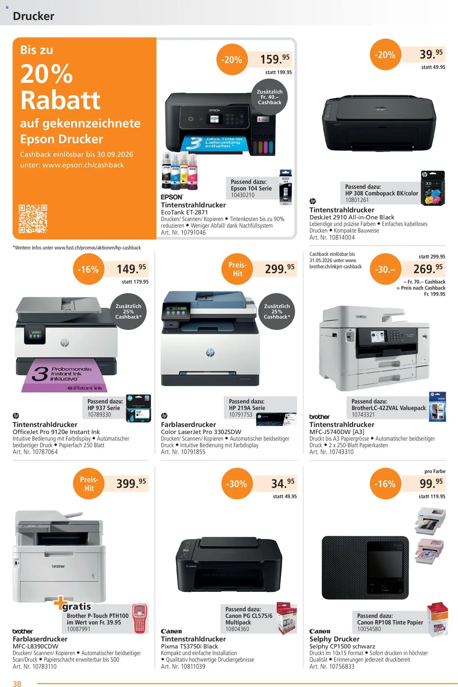 Fust aktionen – gültig ab 23.03.2026 | Seite: 38 | Produkte: Tintenstrahldrucker, Drucker, HP, Epson