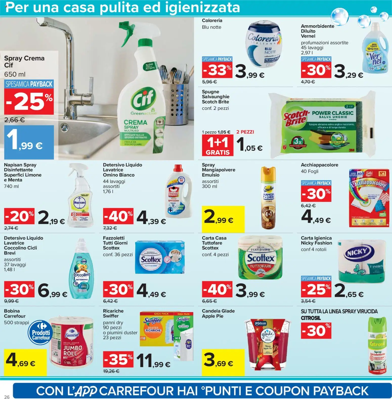 Volantino Carrefour del 17.11.2025 | Pagina: 26 | Prodotti: Spugna, Ammorbidente, Lavatrice, Presa