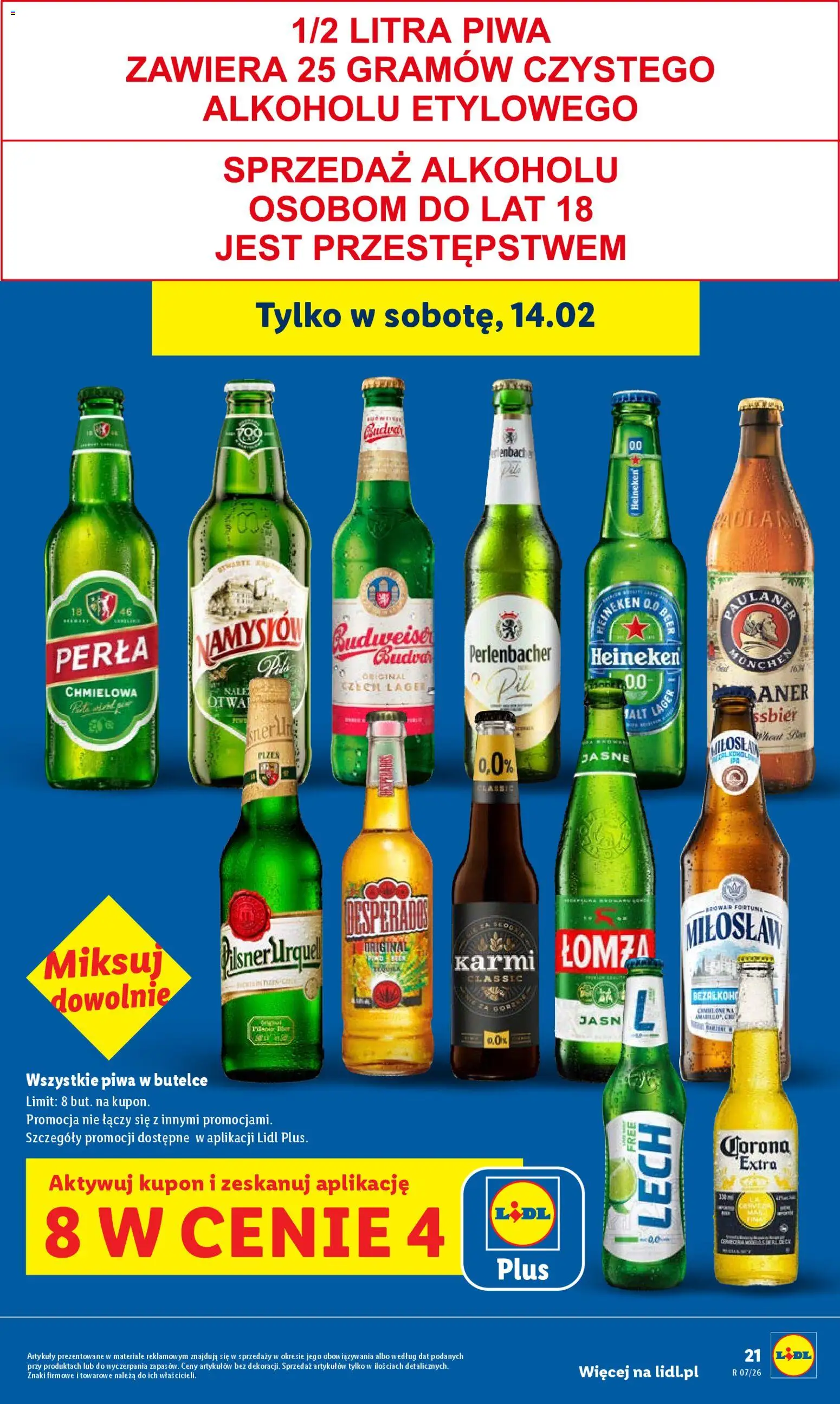 Lidl Gazetka od 12.02.2026 | Strona: 21 | Produkty: Tequila, Piwo, Piwo Namysłów, Heineken
