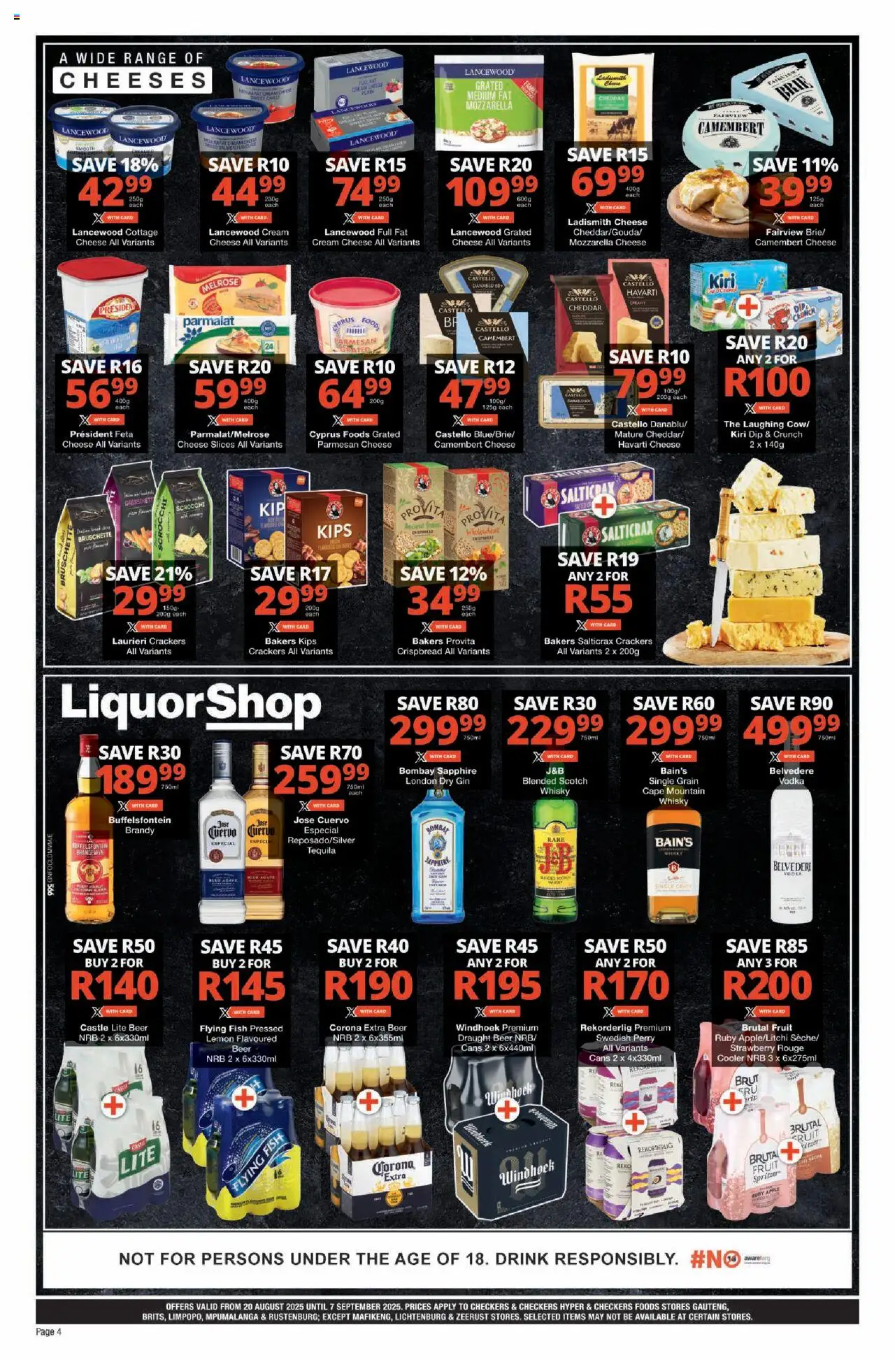 Checkers Gauteng - August Month-End Promotion │ valid from 20.08.2025 | Page: 4 | Products: Cooler, Cheese, Beer, Cream