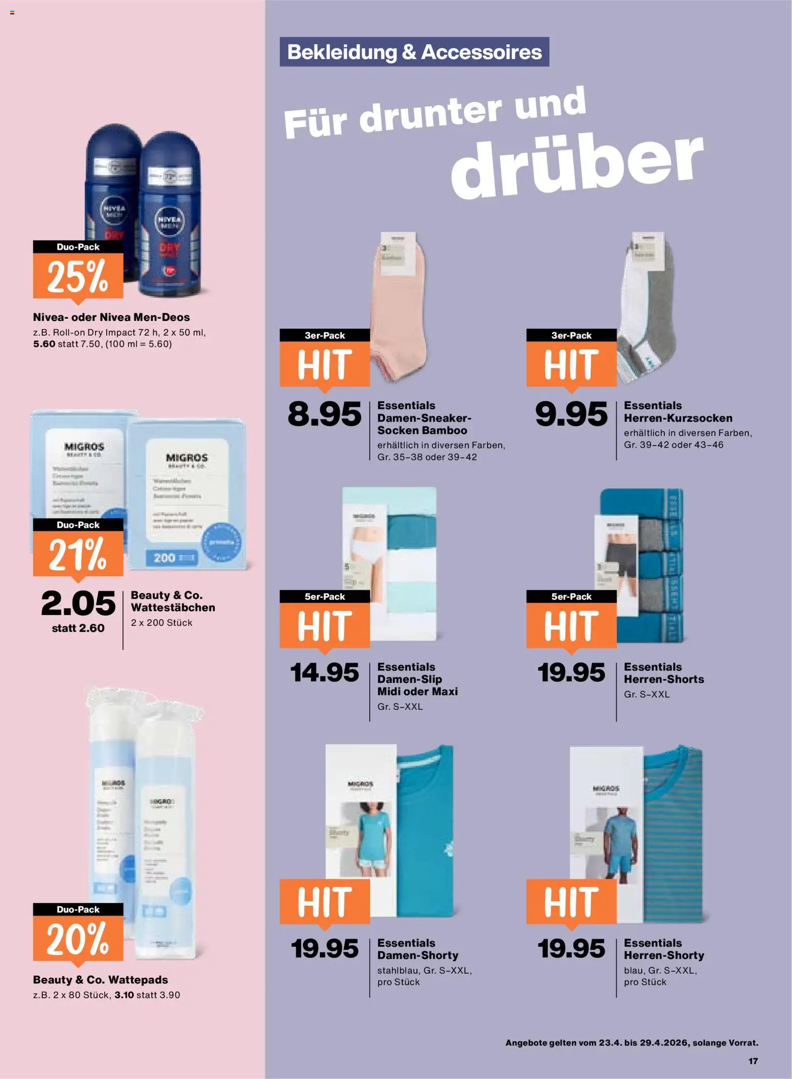 Migros aktionen – gültig ab 23.04.2026 | Seite: 17 | Produkte: Wattestäbchen, Bekleidung, Deodorant, Wattepads