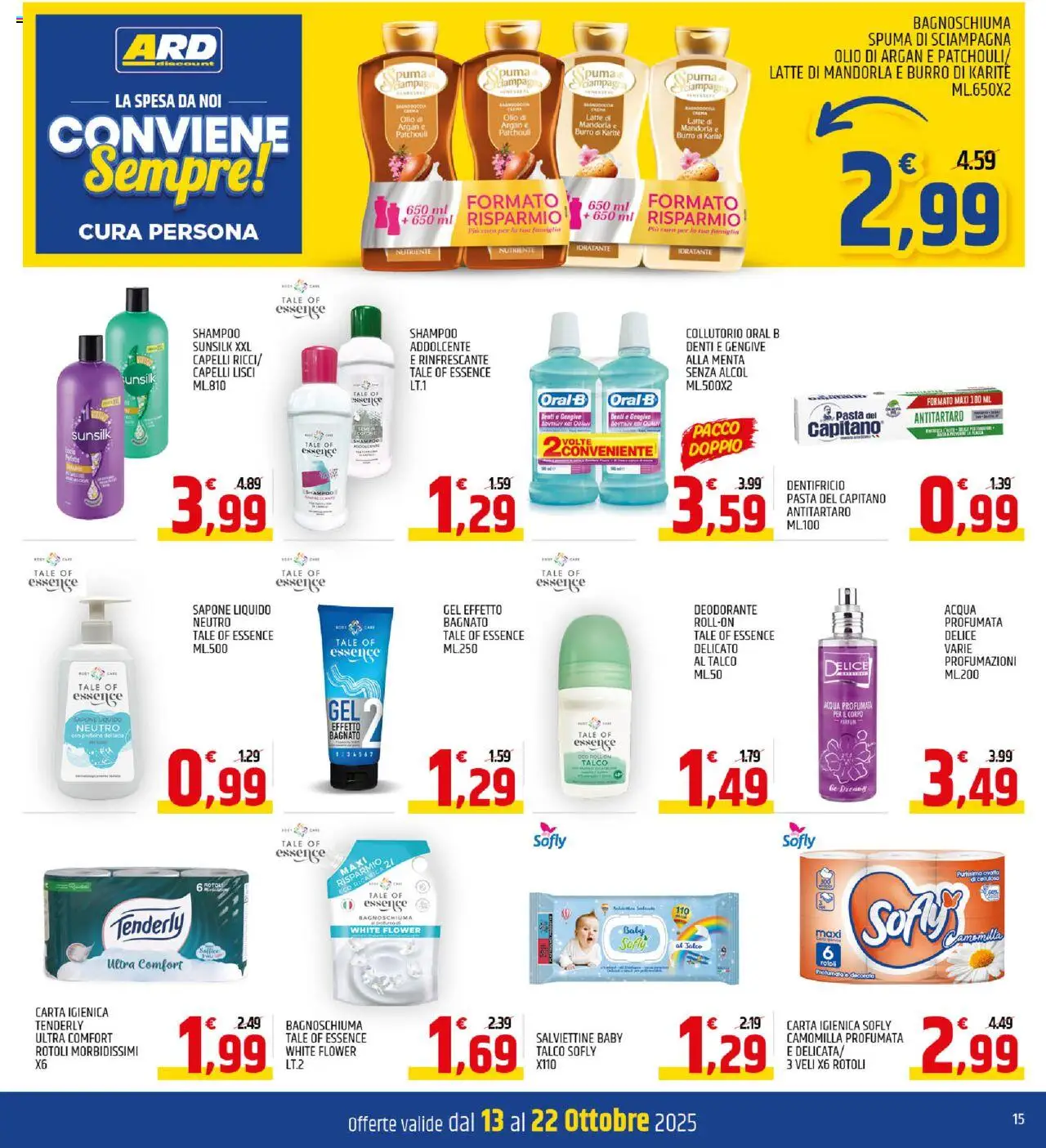 Volantino ARD Discount del 13.10.2025 | Pagina: 15 | Prodotti: Shampoo, Carta igienica, Latte, Olio