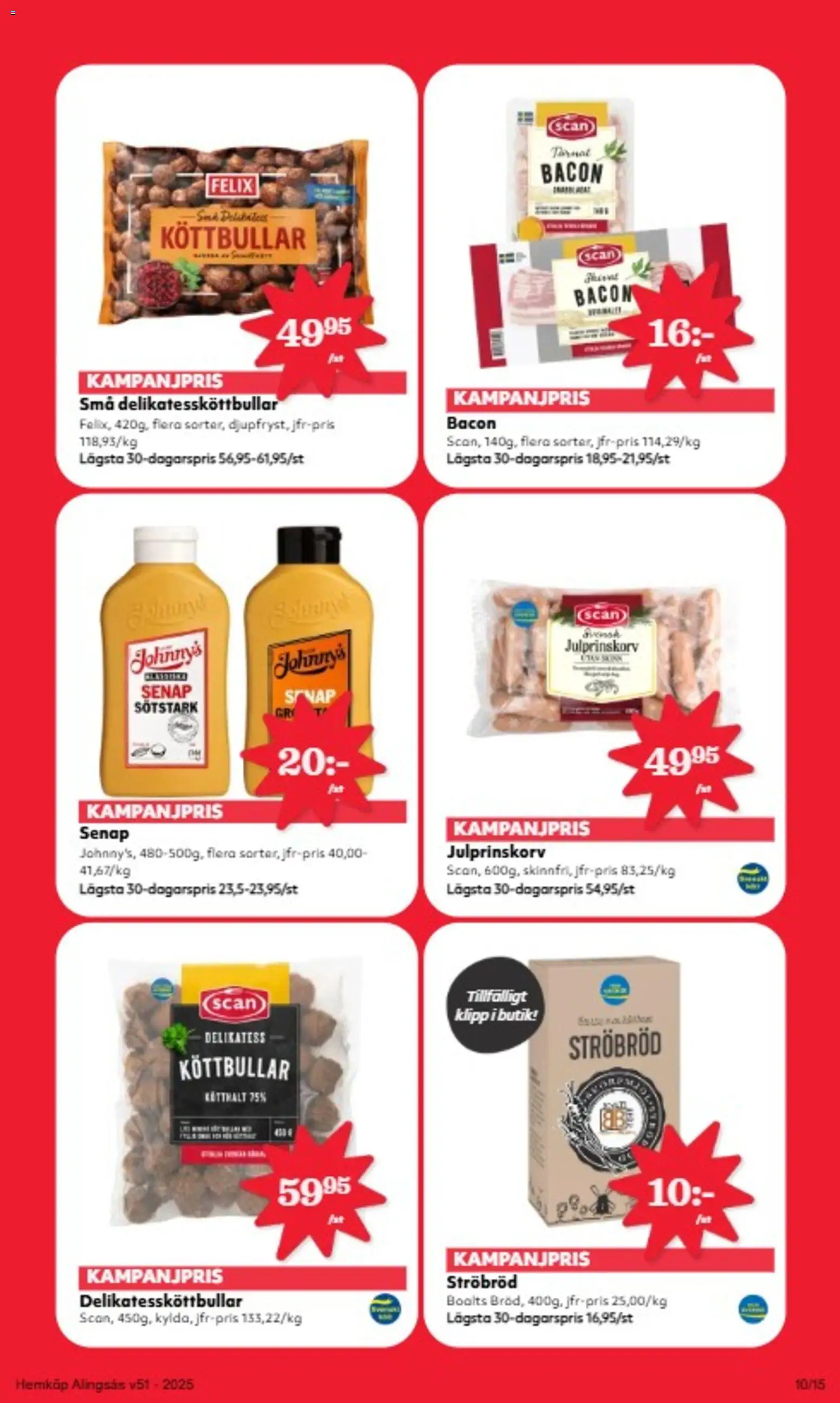 Hemköp reklamblad aktuell från 15.12.2025 | Sida: 10 | Produkter: Senap, Köttbullar, Bacon, Bröd