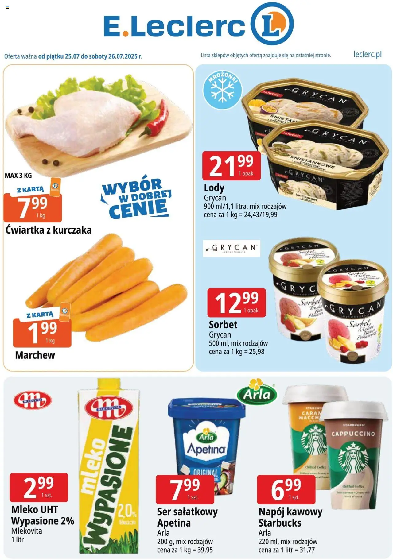 E.Leclerc Gazetka - Warszawa Jerozolimskie od 25.07.2025 | Strona: 1 | Produkty: Karta, Cappuccino, Ser, Lody