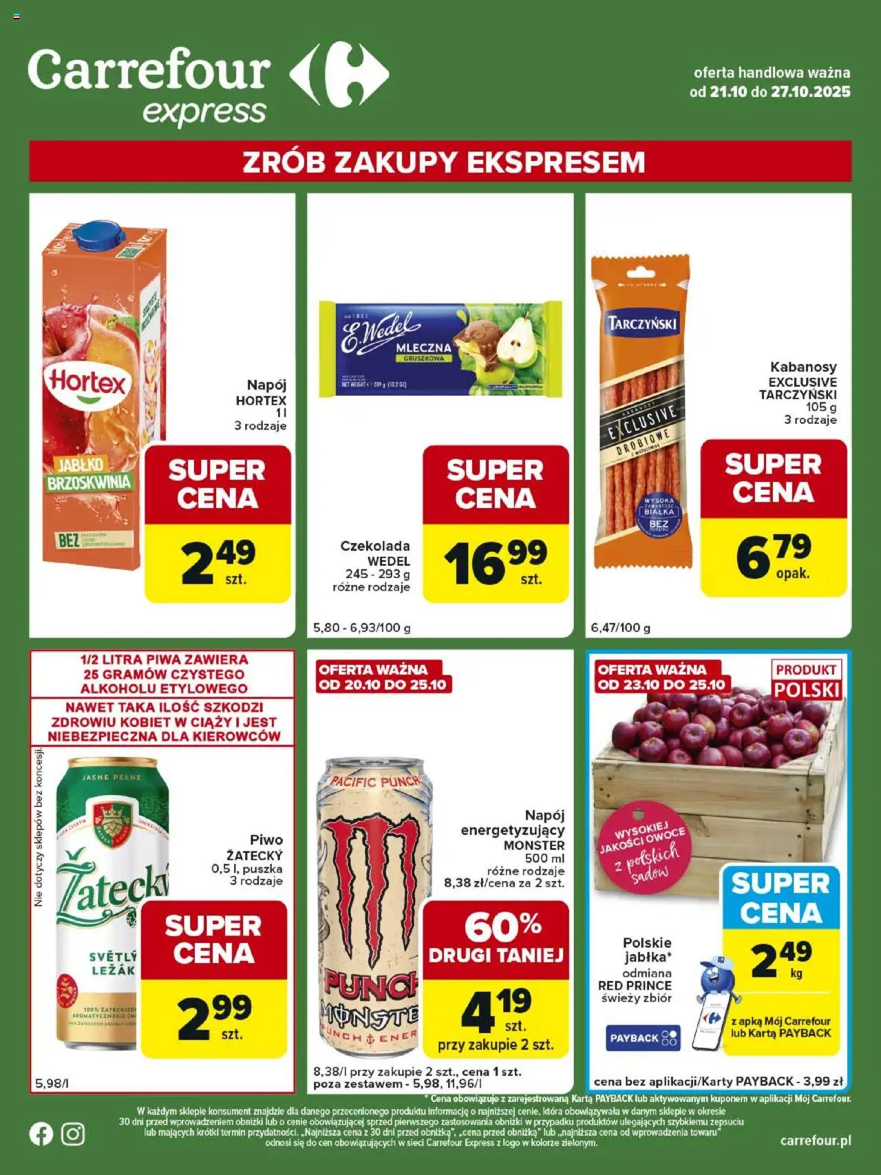 Carrefour Gazetka - Express II od 21.10.2025 | Strona: 1 | Produkty: Brzoskwinia, Kabanosy, Leżak, Piwo