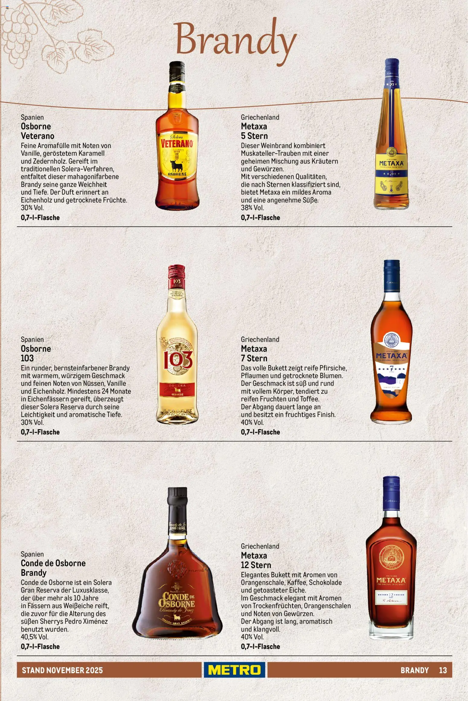 Metro - Spirituosen Sortiment – gültig ab 01.12.2025 | Seite: 13 | Produkte: Osborne, Schokolade, Duft, Metaxa