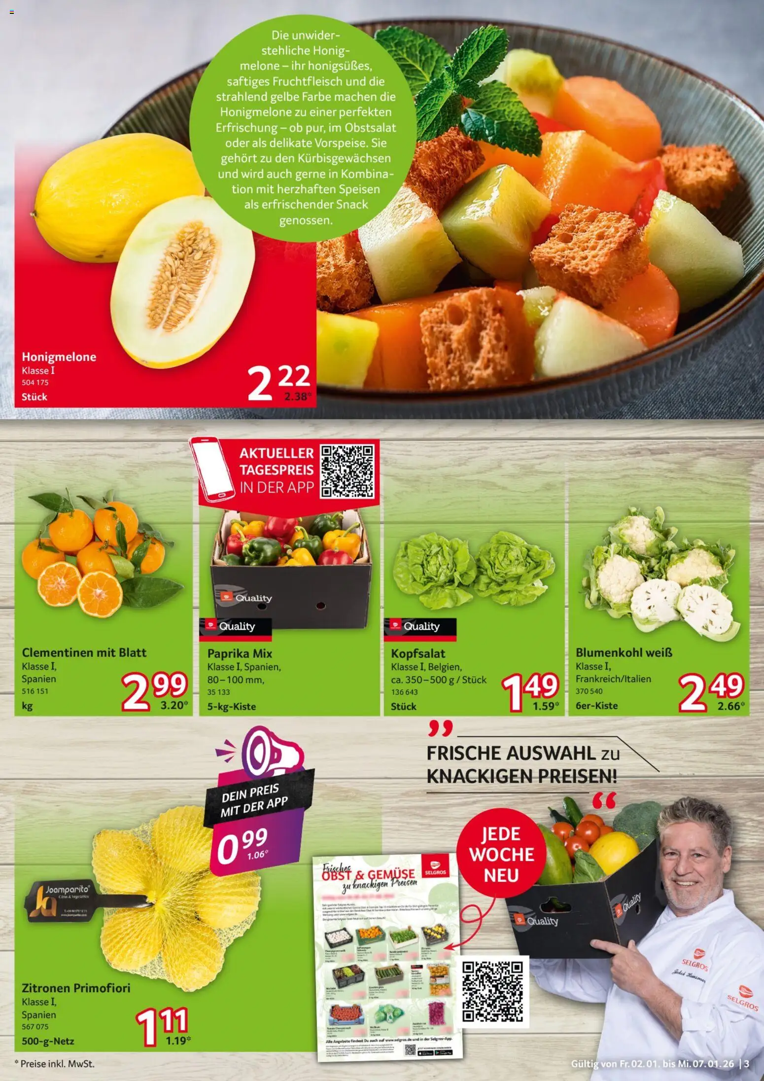 Selgros Prospekt 	 – gültig ab 02.01.2025 | Seite: 3 | Produkte: Honigmelone, Gemüse, Paprika, Blumenkohl