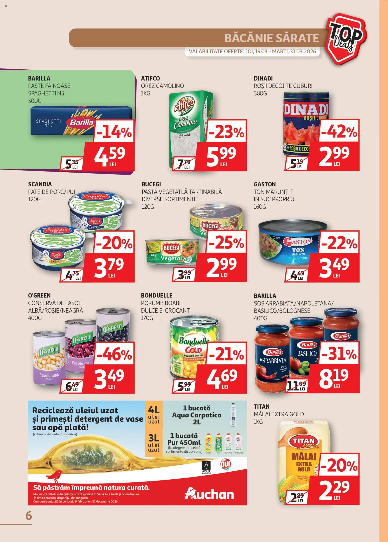 Noul catalog Auchan – valabil de la 19.03.2026 | Pagină: 6 | Produse: Pate, Fasole albă, Apă, Sos
