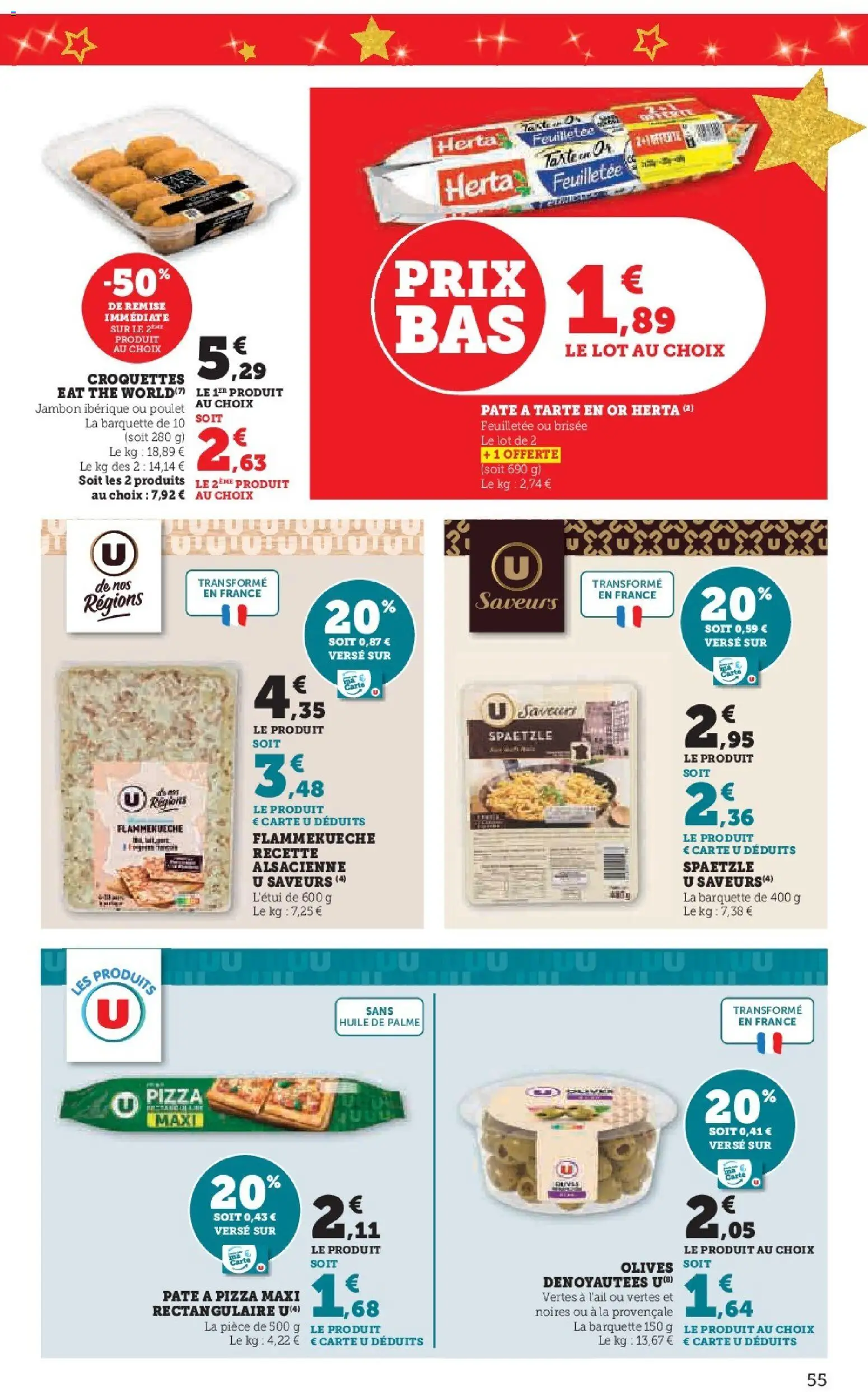 {H1} | Page: 55 | Produits: Olives, Pâte à pizza, Huile, Jambon