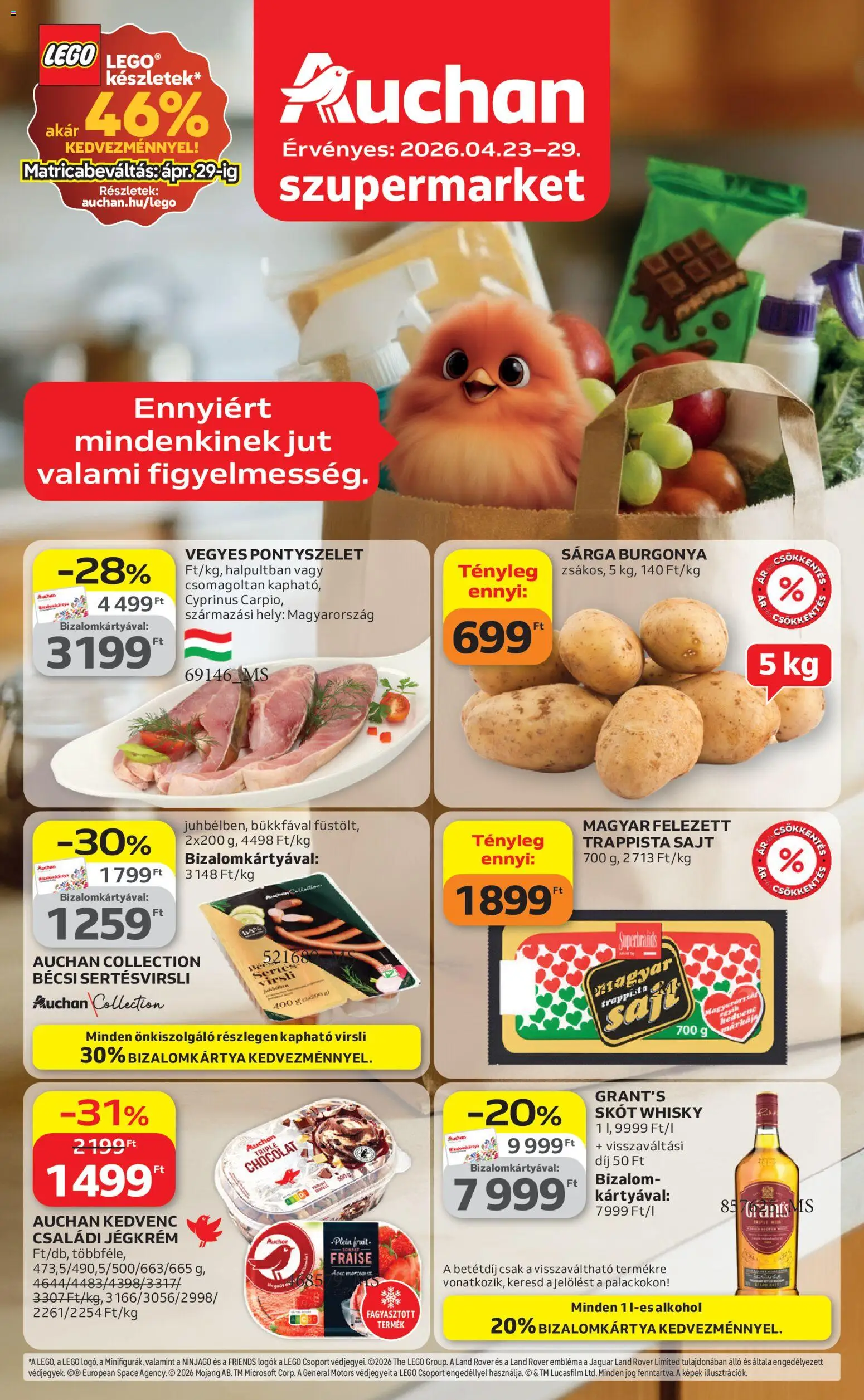 Auchan akciós ujság - amely érvényes a következő dátumtól: 23.04.2026 | Oldal: 1 | Termékek: Virsli, Sajt, Whisky, Trappista sajt