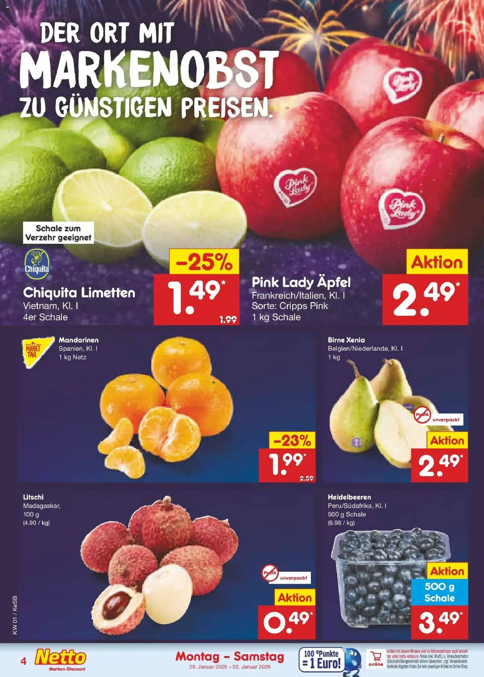 Netto Marken-Discount prospekt Bonn	 – gültig ab 28.12.2025 | Seite: 4 | Produkte: Äpfel, Mandarinen, Heidelbeeren, Birne