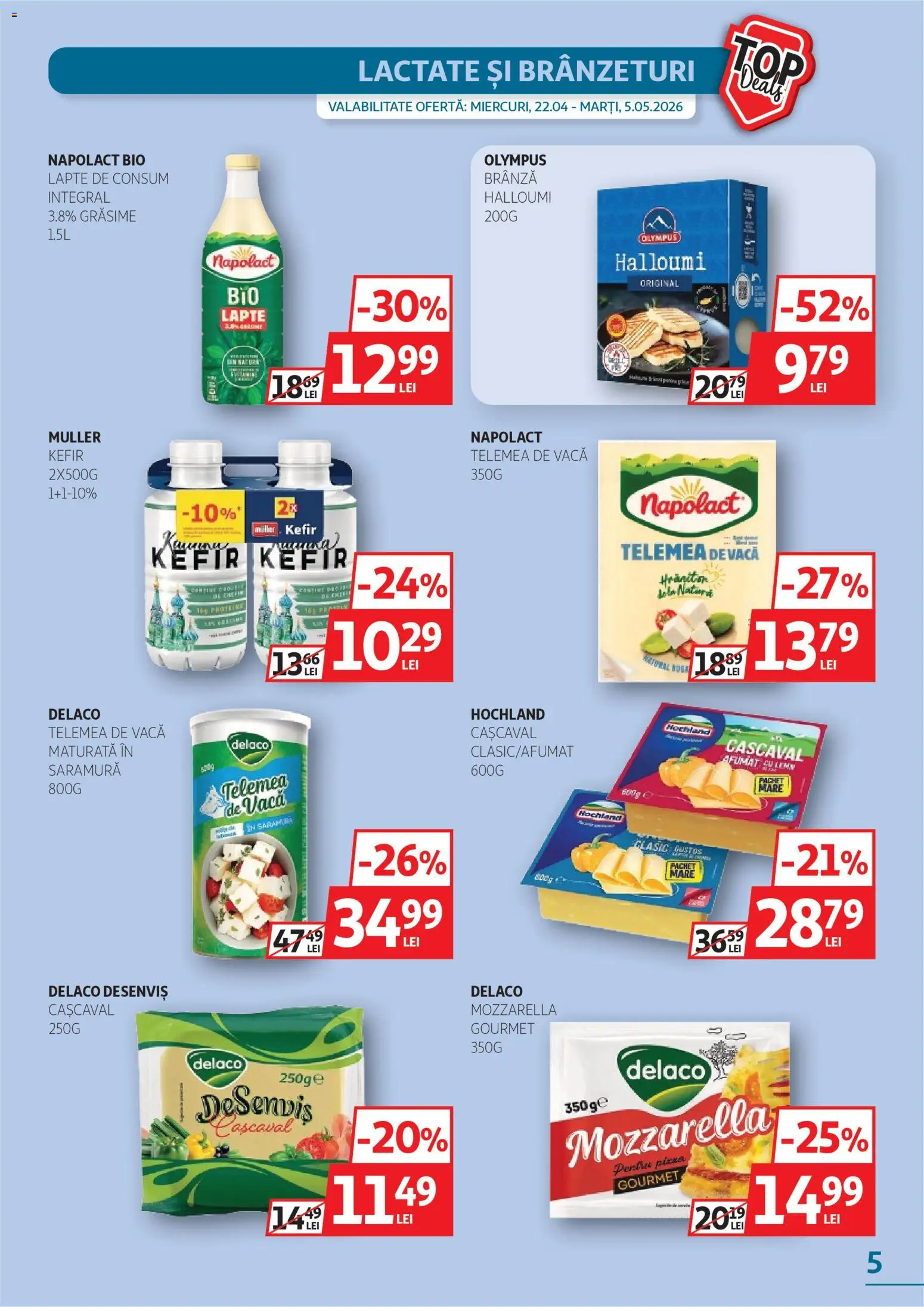 Noul catalog Auchan – valabil de la 22.04.2026 | Pagină: 5 | Produse: Şerit ödül, Light Kedi Konservesi, Mozzarella, Brânză