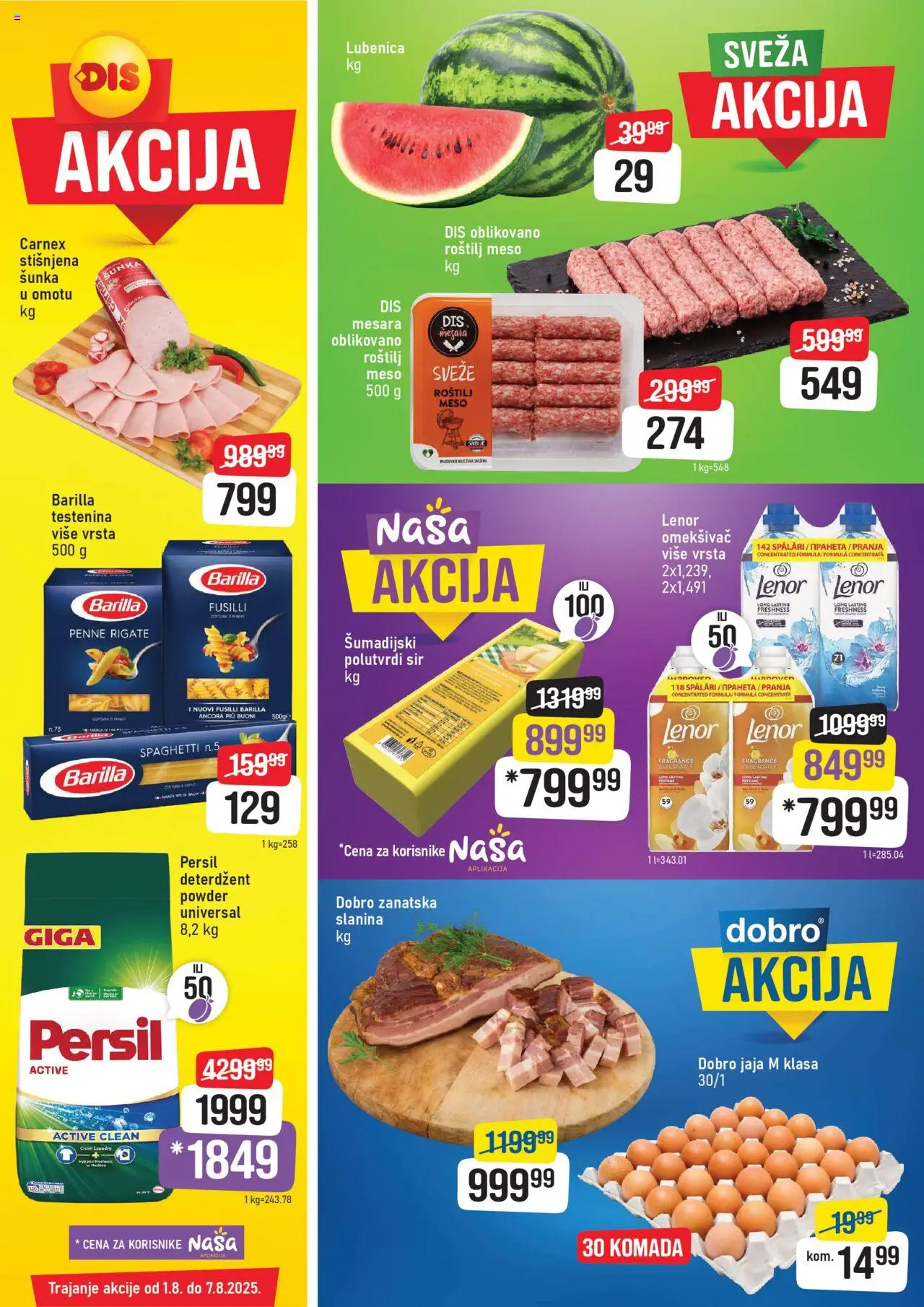 Super DIS katalog - važi od 01.08.2025 | Strana: 1 | Proizvode: Lenor, Lubenica, Jaja, Slanina