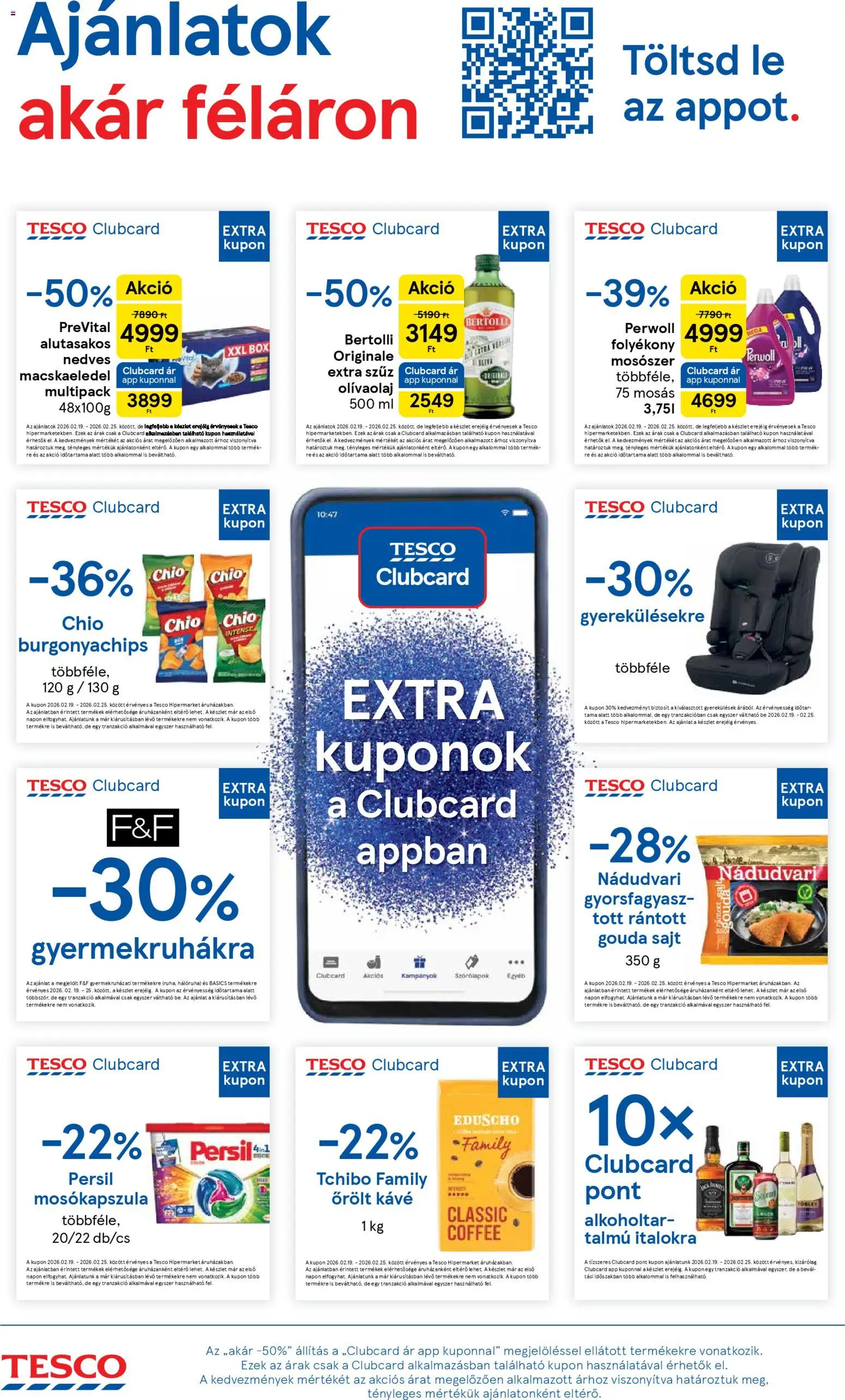 Tesco akciós ujság - amely érvényes a következő dátumtól: 19.02.2026 | Oldal: 12 | Termékek: Perwoll, Macskaeledel, Gouda, Kávé
