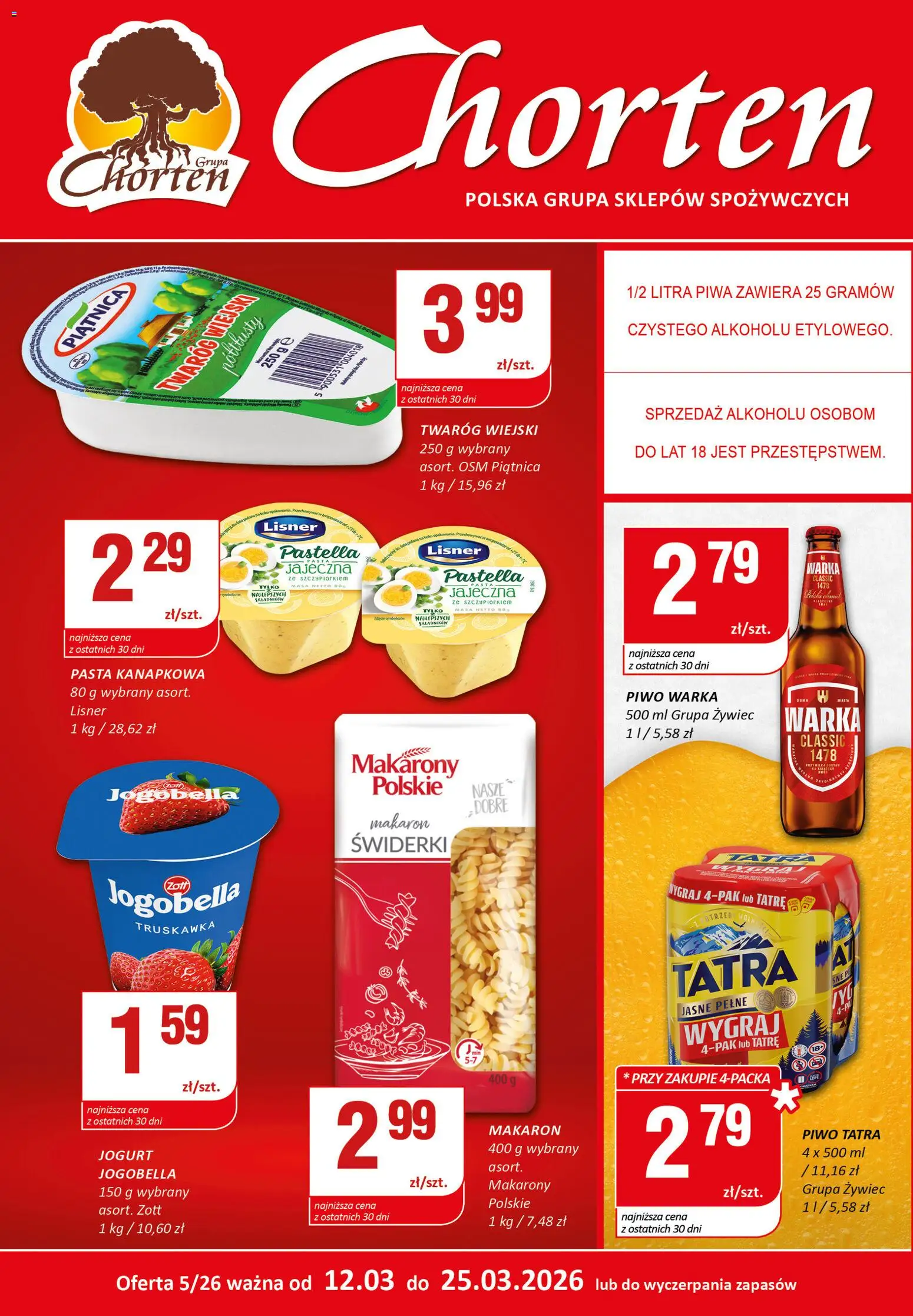 Chorten gazetka - Plakat od 12.03.2026 | Strona: 1 | Produkty: Piwo Warka, Jogurt, Piwo, Makaron