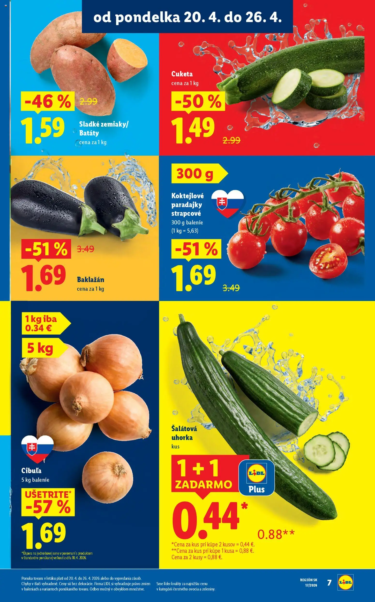 Nové Lidl akcie – leták je platný od 20.04.2026 | Strana: 7 | Produkty: Paradajky, Cibuľa, Cuketa, Šalátová uhorka