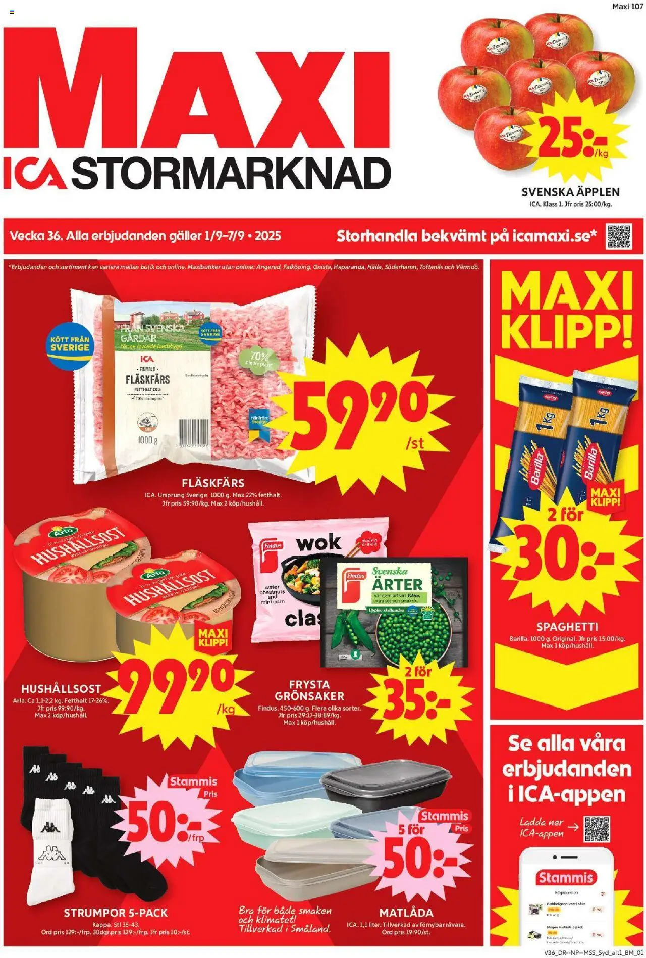 ICA Maxi reklamblad aktuell från 01.09.2025 | Sida: 1 | Produkter: Kappa, Äpplen, Spaghetti, Pasta