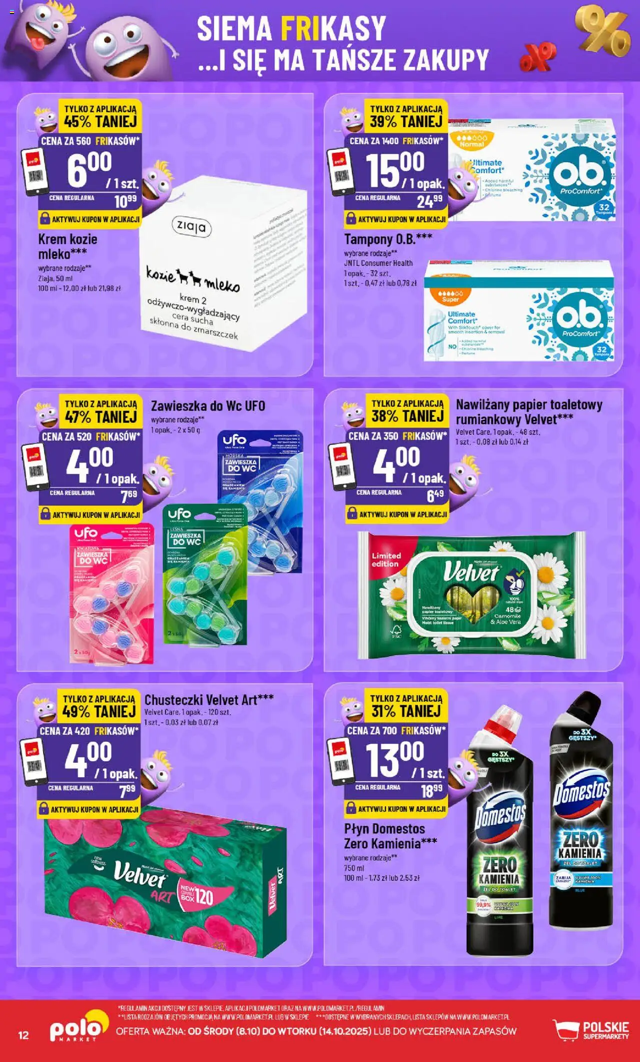 POLOmarket Gazetka - Frikasowe Hity od 08.10.2025 | Strona: 12 | Produkty: Papier toaletowy, Tampony, Mleko, Krem