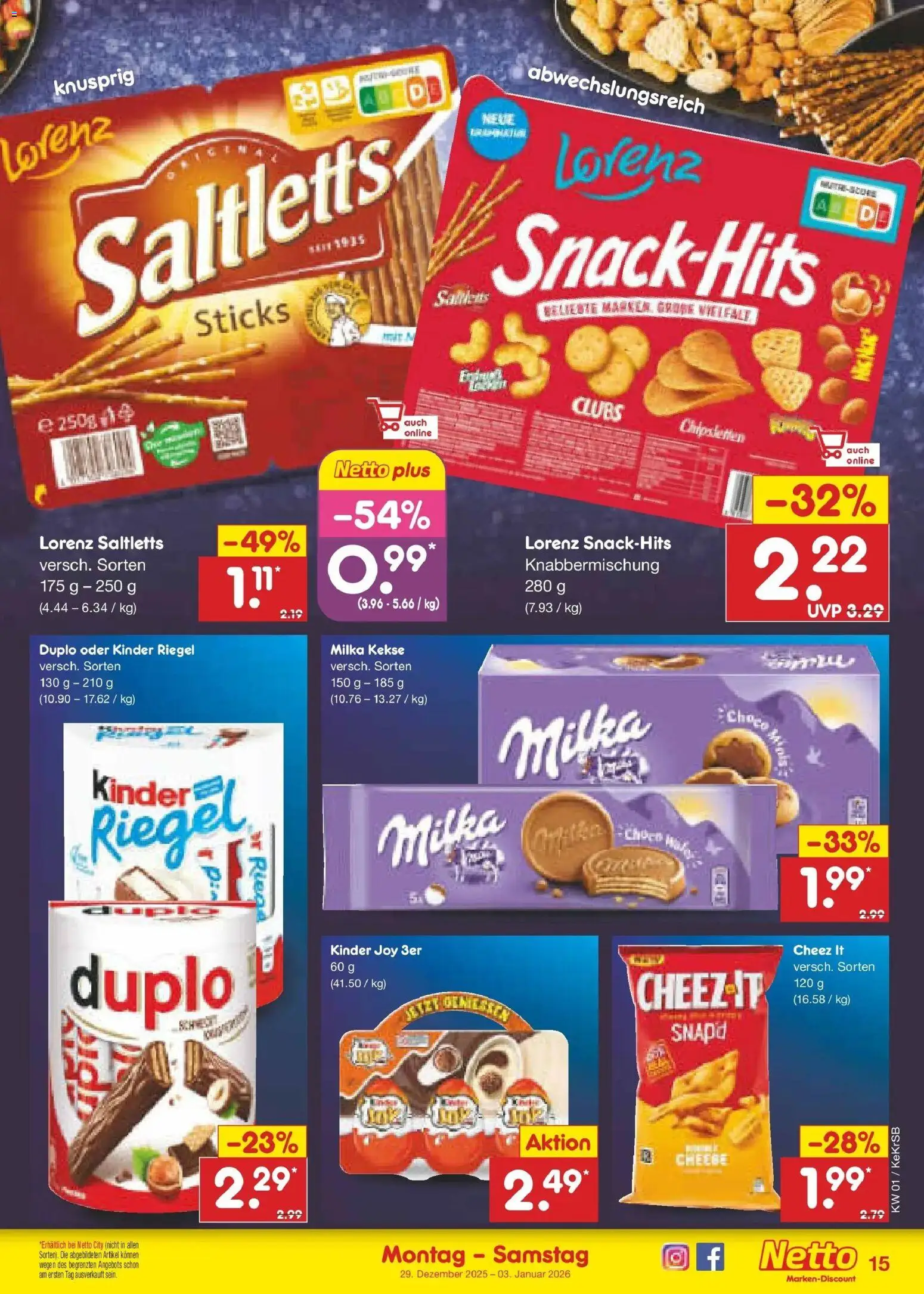 Netto Marken-Discount prospekt Jüchen	 – gültig ab 28.12.2025 | Seite: 15 | Produkte: Milka, Kinder riegel, Kinder joy, Kekse