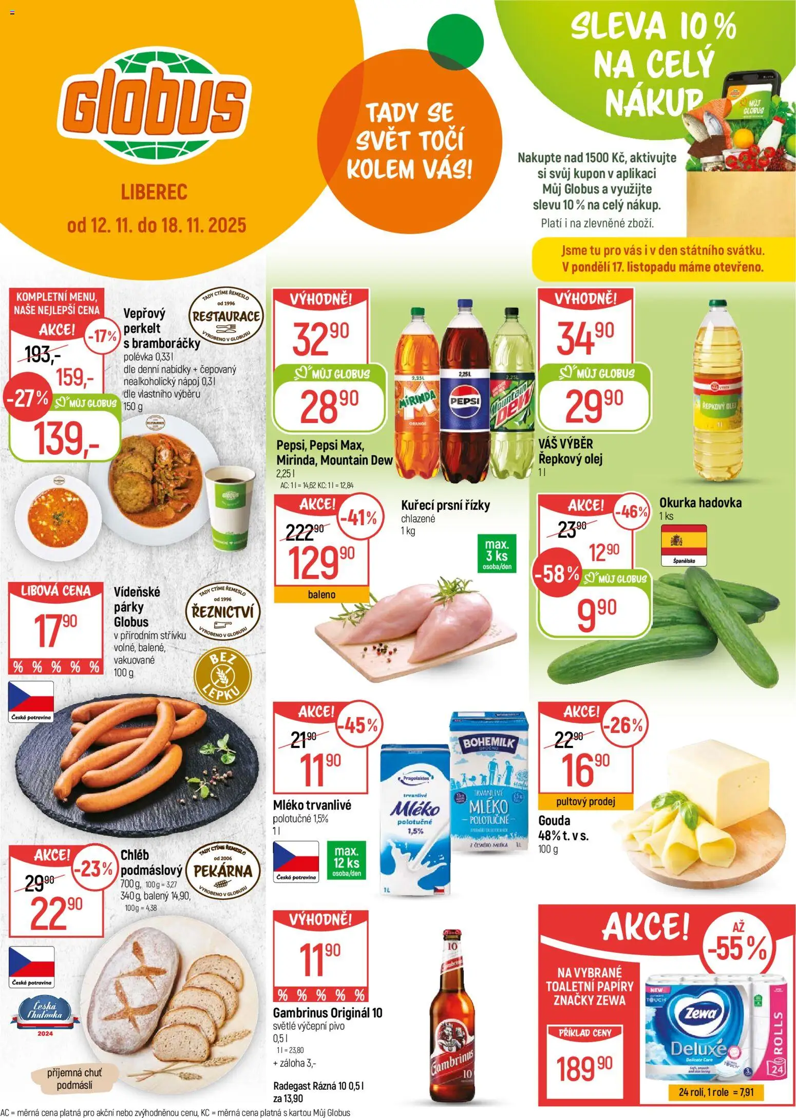 Globus leták - Liberec od 12.11.2025 | Strana: 1 | Produkty: Globus, Mléko, Mirinda, Radegast Rázna 10
