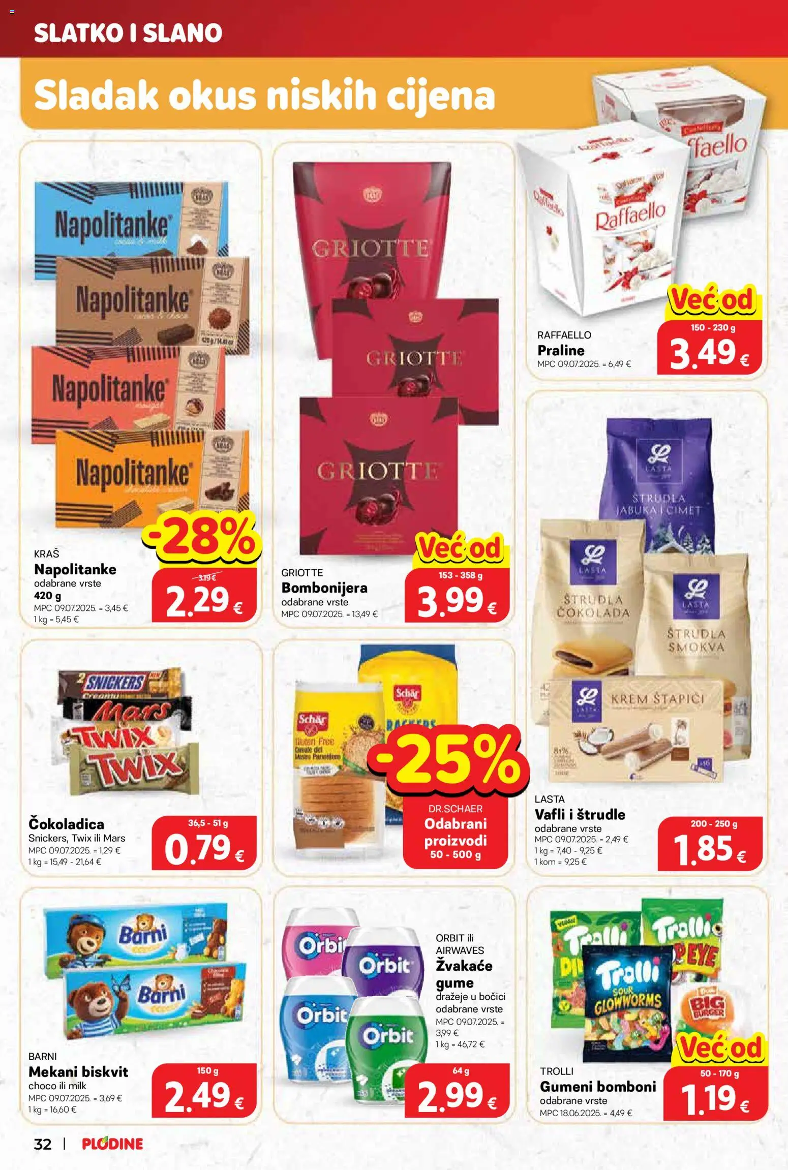 Plodine katalog | vrijedi od 05.11.2025 | Stranica: 32 | Proizvodi: Čokolada, Bomboni, Vafli, Štapići
