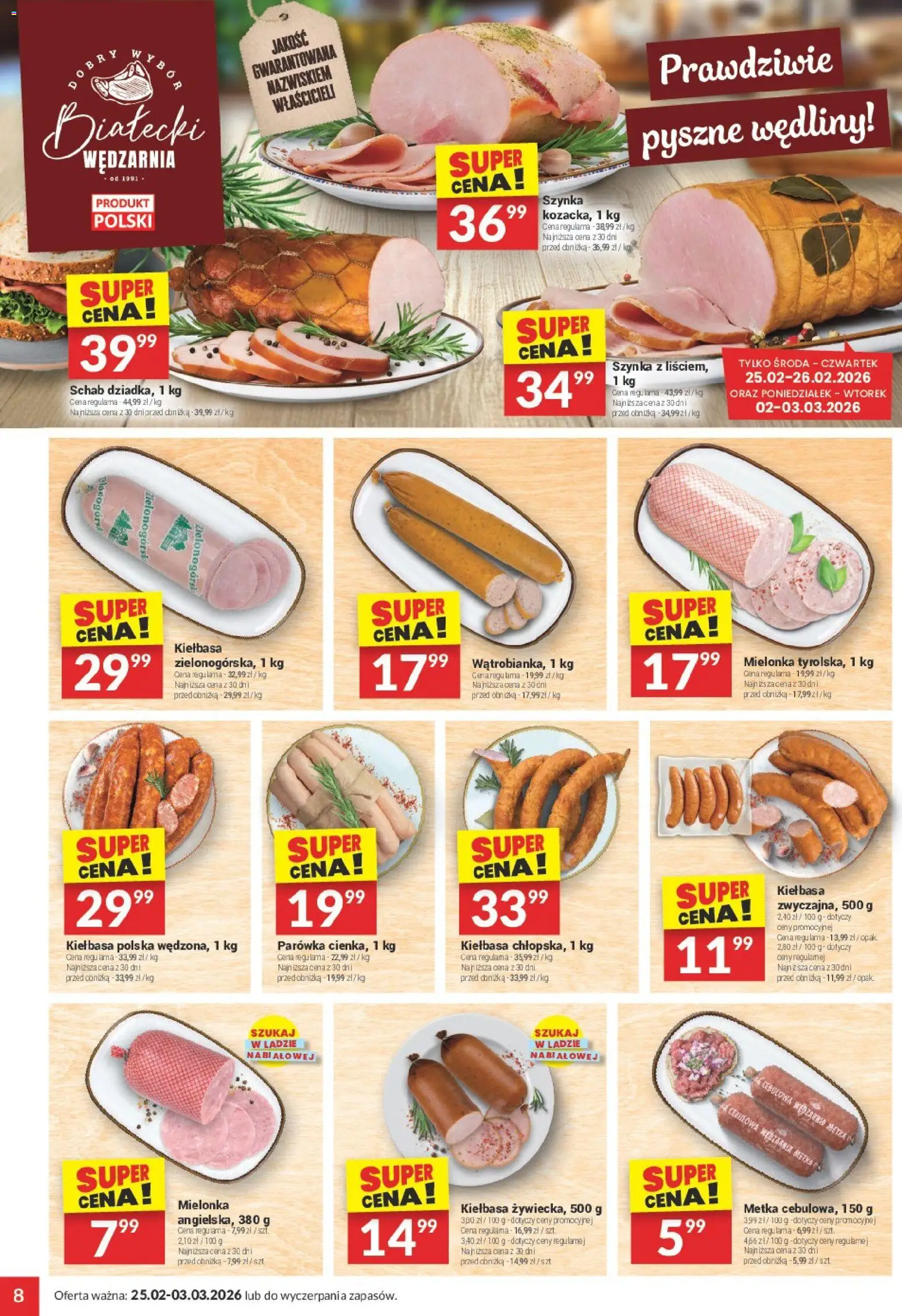 Twój Market Gazetka od 25.02.2026 | Strona: 8 | Produkty: Kiełbasa, Schab, Szynka, Wędliny