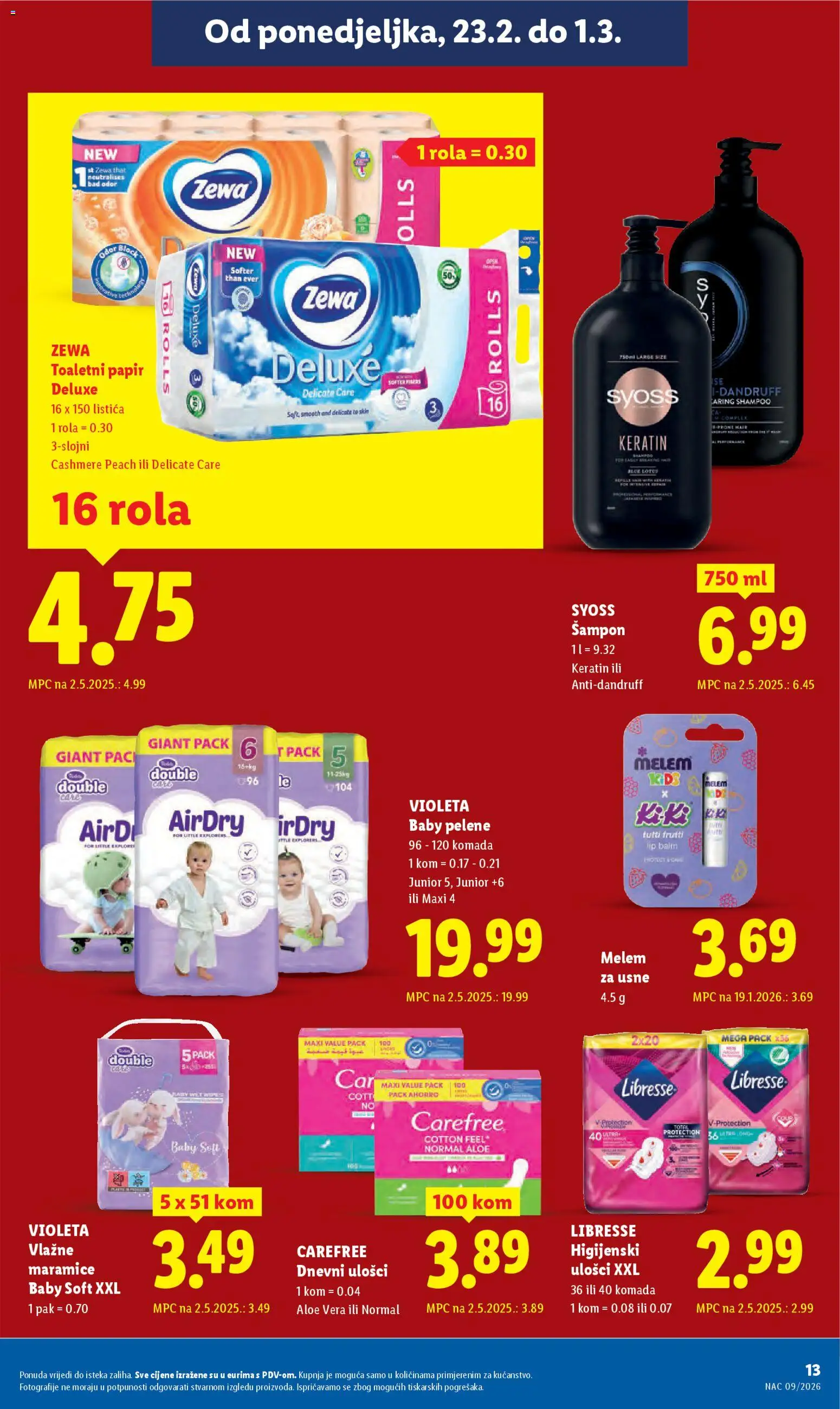 Lidl katalog | vrijedi od 23.02.2026 | Stranica: 13 | Proizvodi: Dnevni ulošci, Melem, Violeta, Libresse