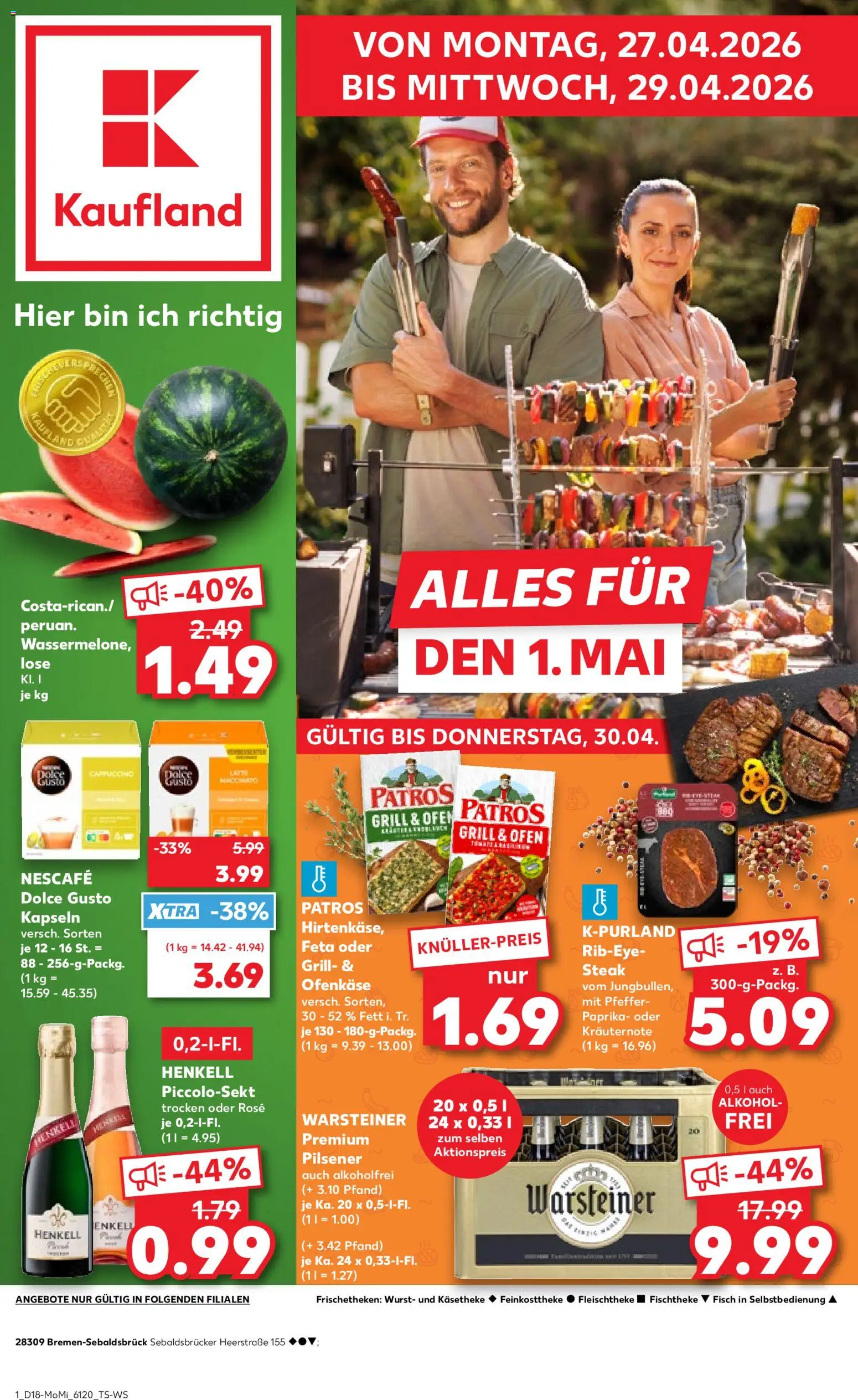 Kaufland Prospekt Bremen	 – gültig ab 27.04.2026 | Seite: 1 | Produkte: Patros, Fisch, Warsteiner, Dolce Gusto kapseln