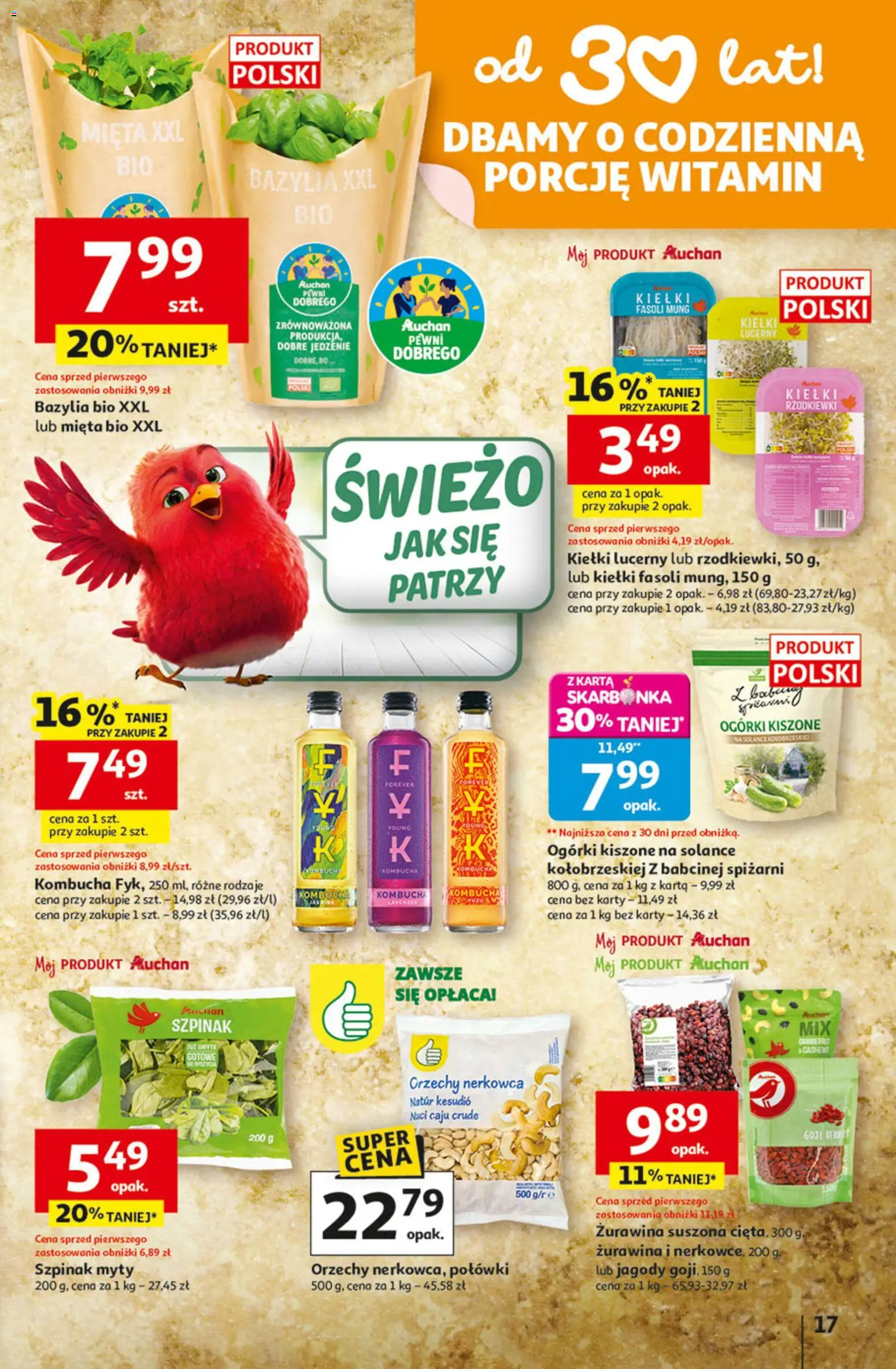 Auchan Gazetka - 30 Lat Hipermarket od 22.01.2026 | Strona: 17 | Produkty: Bazylia, Kombucha, Orzechy, Ogórki
