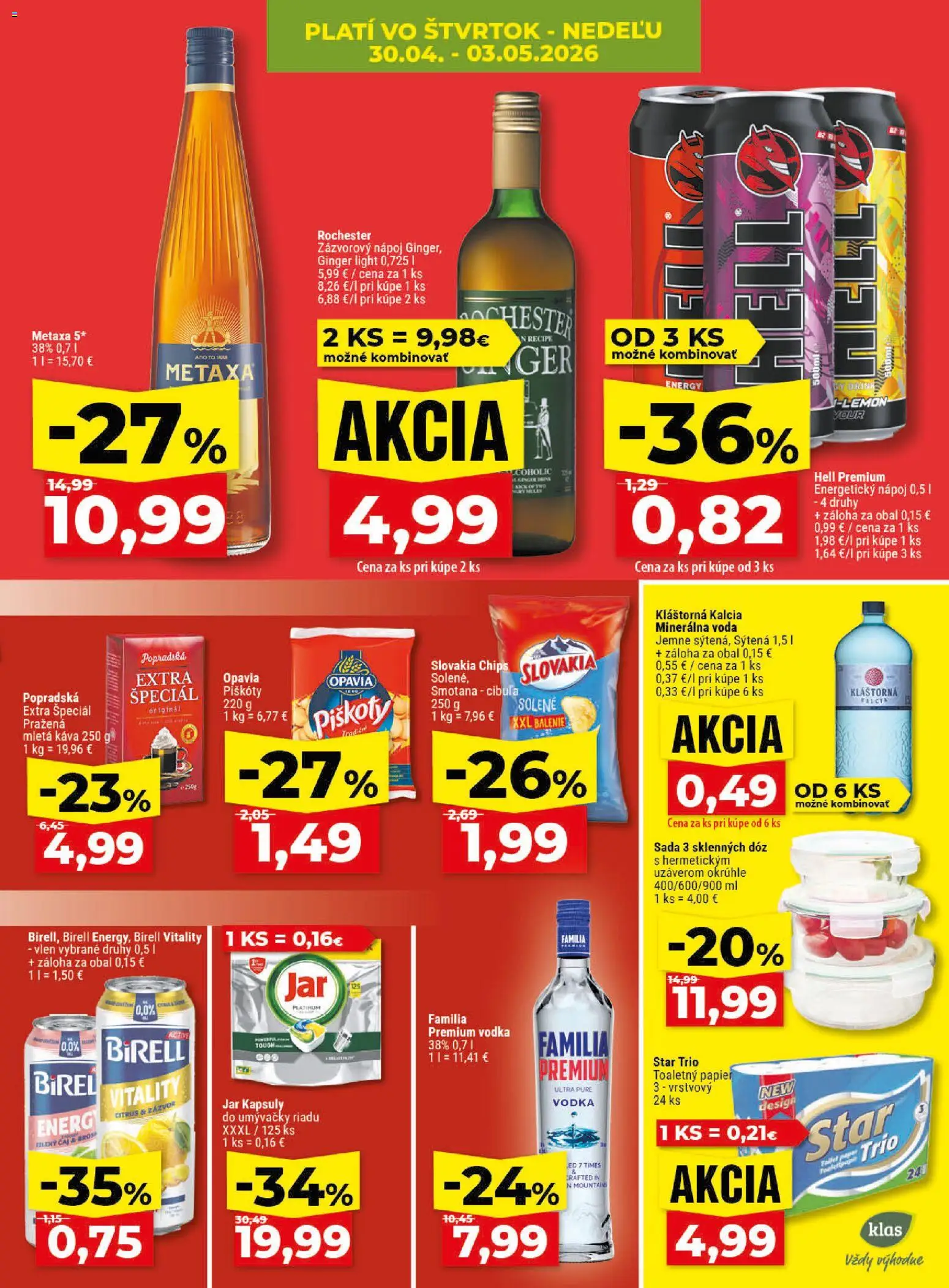 Nové Klas akcie – leták je platný od 27.04.2026 | Strana: 28 | Produkty: Káva, Birell, Cibuľa, Jar