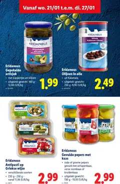 Eridanous Gepekelde artisjok, met kappertjes en olijven, uitgelekt gewicht: 160 g - Voorbeeld van een folder van Lidl, geldig van 21.01.2026 | Pagina: 33 | Producten: Roomkaas, Olijven, Artisjok, Olie
