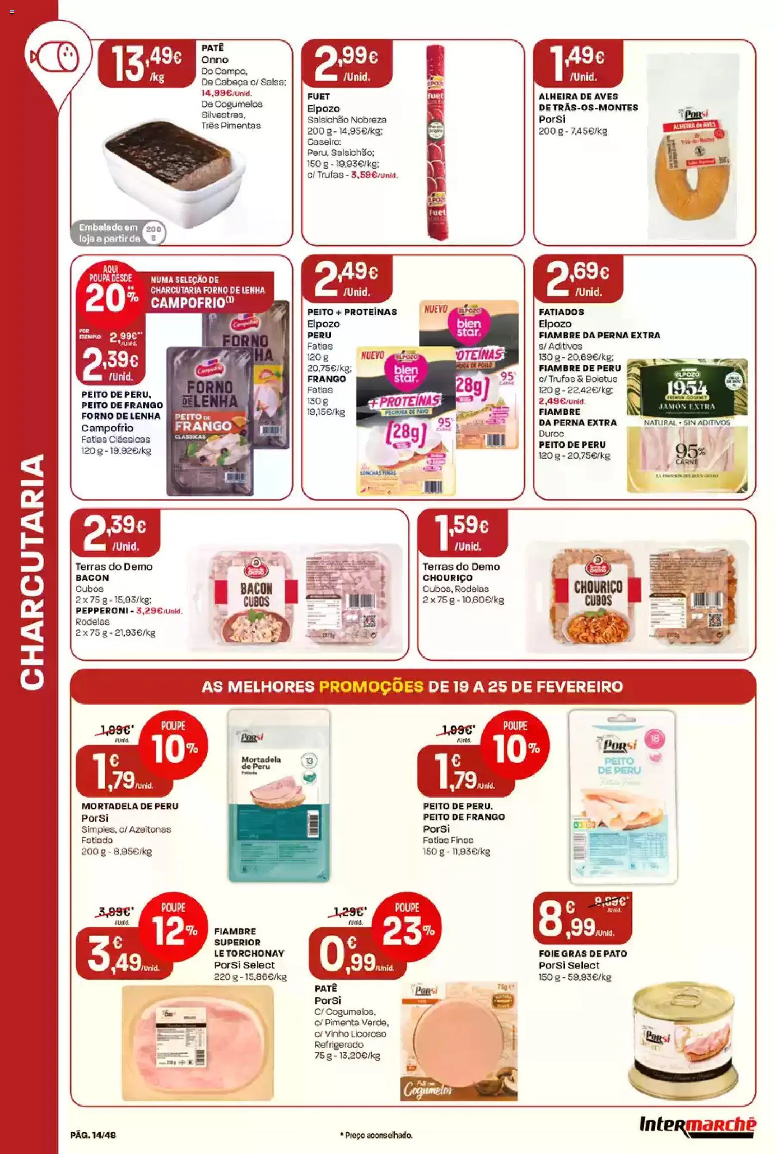 Intermarché folheto │ válido de 19.02.2026 | Página: 14 | Produtos: Mortadela, Bacon, Chouriço, Cogumelos