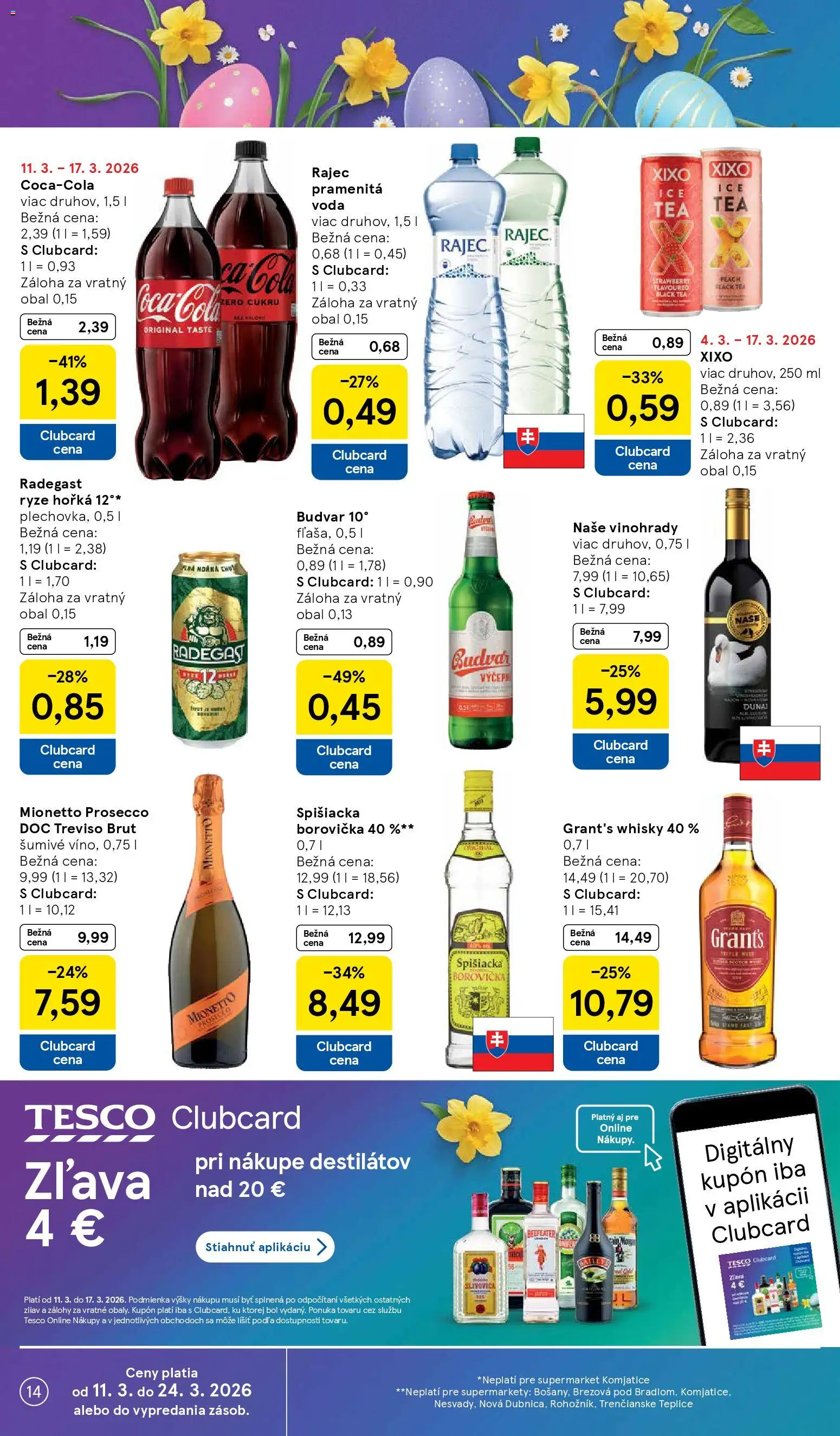 Nové Tesco akcie – leták je platný od 11.03.2026 | Strana: 14 | Produkty: Beefeater, Radegast, Slivovica, Voda